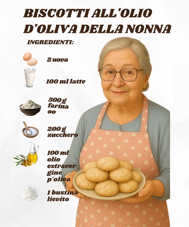 Biscotti allOlio dOliva della Nonna 

北 Ingredienti per circa 30 biscotti
 2 uova 讀
 100 ml di latte 拏
 500 g di farina 00 
 200 g di zucchero 
 100 ml di olio extravergine doliva 㮝
 1 bustina di lievito per dolci 療

 Occorrente
 Carta forno 
 1 ciotola capiente 北

 Preparazione

1 In una ciotola capiente, versate la farina e fate un buco al centro. Aggiungete zucchero, olio, latte, uova e lievito. Impastate energicamente fino a ottenere un composto morbido e omogeneo.

2 Trasferite limpasto su un piano di lavoro infarinato e lavoratelo qualche minuto. Formate un panetto liscio, avvolgetelo nella pellicola e lasciatelo riposare in frigorifero per circa 30 minuti.

3 Trascorso il tempo, stendete limpasto e ricavatene dei cordoncini. Appiattite leggermente la superficie e tagliate tanti biscotti oblunghi, praticando due piccole incisioni decorative.

4 Sistemate i biscotti su una teglia rivestita di carta forno e cuoceteli in forno statico a 180C per 15-20 minuti, fino a doratura. Lasciateli raffreddare su una gratella.

 Consigli e Varianti
 Profumate limpasto con scorza di limone, arancia o mandarino. 
 Aggiungete cannella, zenzero o semi di anice per un tocco speziato. 
 Per una versione più golosa, unite gocce di cioccolato o frutta secca. 

龎 Conservazione
Conservate i biscotti in una scatola di latta o di vetro: restano fragranti fino a 10 giorni se tenuti in un luogo fresco e asciutto.

Un dolce semplice, genuino e pieno damore proprio come li faceva la nonna
