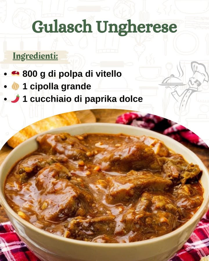 Gulasch Ungherese 

 Ingredienti per 4 persone

數 800 g di polpa di vitello tagliata a cubotti
暈 1 cipolla grande
 1 cucchiaio di paprika dolce
 1 cucchiaio di paprika piccante
 1 cucchiaio di cumino
㮝 q.b. olio extravergine doliva
杻 q.b. burro alle erbe
蓼 q.b. sale
凜 2 patate medie opzionale, per una versione più rustica
𣏕 1 peperone rosso o giallo
北 1 litro di brodo di carne o vegetale caldo

 Preparazione passo dopo passo

1 Preparare la base aromatica
Affetta finemente la cipolla e falla soffriggere in una casseruola dai bordi alti con 5 cucchiai di olio extravergine doliva. Cuoci a fuoco basso fino a quando diventa trasparente e leggermente dorata, facendo attenzione a non bruciarla.

2 Rosolare la carne
Taglia la polpa di vitello a cubotti eliminando le parti grasse più evidenti.

Aggiungila nella casseruola con la cipolla e falla rosolare su tutti i lati, girandola il meno possibile per mantenere i succhi allinterno e ottenere una carne morbida e succosa.

3 Aromatizzare con le spezie
Aggiungi la paprika dolce, la paprika piccante e il cumino, mescolando bene per distribuire uniformemente le spezie e dare al gulasch il suo caratteristico colore rosso intenso e il suo profumo speziato.

4 Cuocere a fuoco lento per un sapore intenso
Versa il brodo caldo fino a coprire completamente la carne, regola di sale e lascia cuocere a fiamma bassa per circa 2 ore, mescolando di tanto in tanto.

5 Aggiungere verdure per una consistenza perfetta
Dopo due ore di cottura, unisci le patate a cubetti e il peperone tagliato a strisce sottili. Continua la cottura per altri 30 minuti, fino a quando le verdure saranno morbide e avranno assorbito tutto il sapore del brodo speziato.

6 Ultimi tocchi e servizio
A fine cottura, aggiungi una noce di burro alle erbe e mescola delicatamente per rendere il gulasch ancora più cremoso e profumato.

Servi il gulasch ungherese caldo, accompagnato da pane rustico o polenta, per assaporare al meglio il suo sugo ricco e speziato.

 Consigli e varianti

 Per un gusto ancora più avvolgente, puoi sostituire il brodo di carne con brodo di manzo concentrato per un sapore più deciso 北
 Se preferisci una consistenza più densa, puoi aggiungere un cucchiaio di farina sciolta in poca acqua prima di aggiungere le patate 
 Il gulasch è ancora più buono il giorno dopo, quando i sapori si amalgamano meglio 
 Se ami i sapori affumicati, aggiungi un pizzico di paprika affumicata a fine cottura 

 buon appetito!