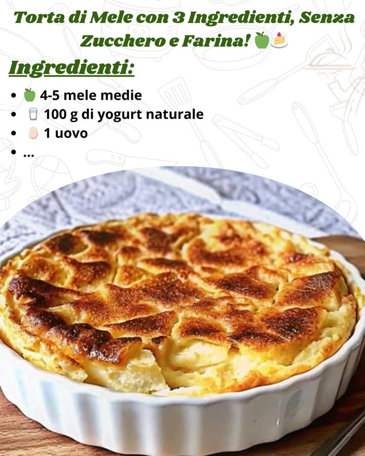 Torta di Mele con 3 Ingredienti, Senza Zucchero e Farina! 

Ingredienti 
 4-5 mele medie
拏 100 g di yogurt naturale
讀 1 uovo
燎 200 g di ricotta
 Cannella, mirtilli o uvetta a piacere

Preparazione 
 1 Prepara le mele: Sbucciale e tagliale a fette sottili. Per evitare che si ossidino, spruzza un po di succo di limone  per mantenerle fresche e brillanti.

 2 Prepara limpasto: In una ciotola 北, sbatti luovo fino a renderlo spumoso. Aggiungi la ricotta e lo yogurt naturale, mescolando bene fino a ottenere un composto omogeneo e cremoso.

 3 Unisci le mele: Incorpora delicatamente le fette di mela nellimpasto. Se vuoi, aggiungi un pizzico di cannella, mirtilli o uvetta per un tocco di dolcezza naturale.

 4 Cuoci la torta: Versa il composto in una tortiera rivestita con carta da forno . Livella la superficie e cuoci in forno preriscaldato a 180C per 45-50 minuti , finché non diventa dorata.

 5 Raffredda e servi: Una volta cotta, lasciala raffreddare  prima di servirla. Puoi gustarla così comè o con una spolverata di zucchero a velo per un tocco extra! 

Consigli per una cottura perfetta 
 Preriscalda sempre il forno per una cottura uniforme.
 Se limpasto è troppo denso, aggiungi un cucchiaio di yogurt per ammorbidirlo.
 Fai la prova stecchino: se esce asciutto, la torta è pronta!

Varianti 
 Aggiungi frutta secca noci o mandorle per una nota croccante.
療 Spezie extra? Noce moscata o zenzero per un aroma più intenso!
 Vuoi un po più di dolcezza? Un cucchiaino di miele farà la magia!

Un dolce leggero, sano e goloso perfetto per una merenda o colazione equilibrata!  Buon appetito!