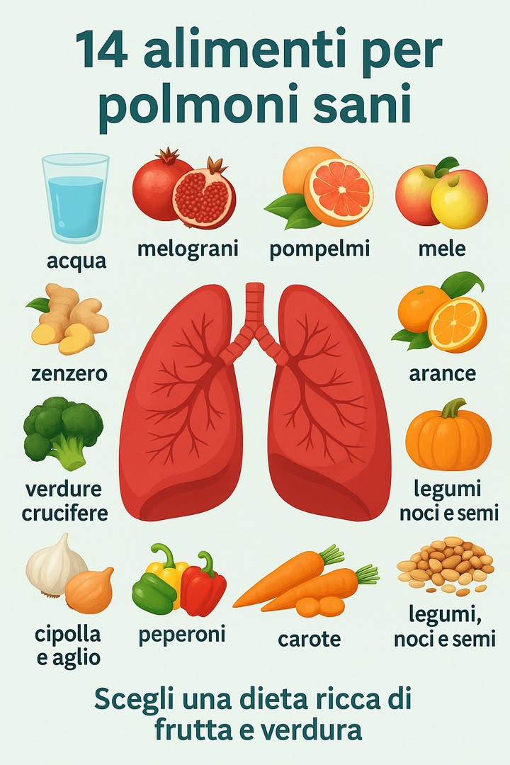 Alimenti che favoriscono polmoni forti e sani

Acqua
Lidratazione è fondamentale per mantenere le mucose delle vie respiratorie umide e favorire leliminazione delle tossine. Bere abbastanza acqua ogni giorno aiuta a migliorare lefficienza polmonare.

Melograni
Ricchi di antiossidanti come i polifenoli, i melograni proteggono i tessuti polmonari dai danni ossidativi e sostengono il sistema immunitario.

Pompelmo
Contiene elevate quantità di vitamina C e flavonoidi, utili per contrastare linfiammazione e proteggere i polmoni dallinquinamento e dalle tossine.

Mele
Le mele sono una fonte importante di quercetina, un antiossidante che aiuta a ridurre il rischio di problemi respiratori e a migliorare la funzione polmonare.

Zenzero
Lo zenzero ha proprietà antinfiammatorie naturali che aiutano a ridurre lirritazione nelle vie respiratorie e facilitano la respirazione.

Verdure crucifere
Broccoli, cavoli e cavolini di Bruxelles sono ricchi di composti che favoriscono la disintossicazione del corpo e proteggono dai danni cellulari.

Arance
Lalto contenuto di vitamina C delle arance rafforza le difese immunitarie, riducendo la probabilità di infezioni respiratorie.

Zucca
Ricca di beta-carotene e altri antiossidanti, la zucca contribuisce a mantenere sani i tessuti polmonari e a combattere i radicali liberi.

Aglio e cipolla
Entrambi contengono composti solforati che sostengono il sistema immunitario e possiedono proprietà antibatteriche e antivirali.

Peperoni
Sono una delle fonti più ricche di vitamina C e contengono antiossidanti che aiutano a proteggere le vie respiratorie.

Carote
Le carote sono ricche di vitamina A e beta-carotene, nutrienti essenziali per il mantenimento delle mucose polmonari.

Legumi, noci e semi
Forniscono proteine vegetali, acidi grassi essenziali e minerali che supportano la salute del sistema respiratorio e riducono linfiammazione.