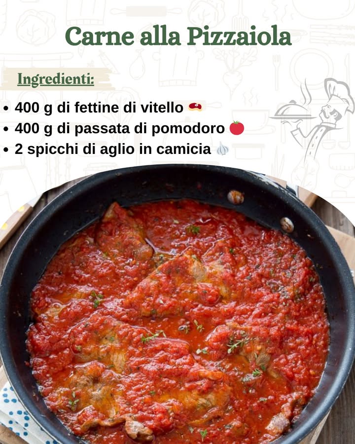 Carne alla Pizzaiola 數

Ingredienti per 4 persone:
400 g di fettine di vitello punta danca o manzo 數
400 g di passata di pomodoro 
2 spicchi di aglio in camicia 龍
q.b. di olio extravergine doliva 㮝
q.b. di origano 
q.b. di sale fino 蓼
q.b. di pepe nero 
Per guarnire: Basilico fresco 

Preparazione:
Inizia preparando il sugo. Scalda un filo di olio extravergine doliva in una padella e aggiungi gli spicchi daglio in camicia, schiacciati leggermente con il coltello. Lascia rosolare laglio per circa 2 minuti, finché non rilascia il suo aroma. A questo punto, versa la passata di pomodoro nella padella e aggiungi un goccio dacqua, utilizzando il barattolo della passata per raccogliere tutto il sugo residuo. Mescola bene e lascia cuocere a fuoco basso per circa 15 minuti, mescolando di tanto in tanto per evitare che si attacchi.

Nel frattempo, prepara la carne. Pratica piccoli tagli sui bordi delle fettine di carne per evitare che si arriccino durante la cottura. Adagia le fettine tra due fogli di carta forno e battile delicatamente con un batticarne per uniformare lo spessore, che dovrà essere di circa 3-4 mm. Questo passaggio è importante per ottenere una cottura omogenea della carne.

Quando il sugo si sarà ristretto e sarà ben insaporito, aggiusta di sale e pepe e profuma con dellorigano, che darà al piatto il suo caratteristico aroma mediterraneo. Rimuovi gli spicchi daglio, che ora avranno svolto la loro funzione di aromatizzare il sugo.

A questo punto, adagia le fettine di carne nel sugo caldo e cuoci per circa 2 minuti per lato, fino a quando la carne non sarà ben cotta ma ancora morbida e succosa. Se desideri un piatto ancora più ricco, puoi aggiungere delle fette di mozzarella sopra la carne, coprendo con un coperchio o mettendo la padella in forno per qualche minuto, così che si sciolga e si formi una crosticina filante.

Una volta pronta, guarnisci la carne con qualche fogliolina di basilico fresco, che darà freschezza e colore al piatto.

Servi la carne alla pizzaiola ben calda, accompagnata da una fetta di pane per fare la scarpetta nel sugo o utilizzala per condire una buona pasta. Questo piatto semplice ma ricco di sapore è perfetto per una cena in famiglia o con amici.

Consigli e Varianti:
Puoi variare il tipo di carne utilizzata, scegliendo manzo, pollo o tacchino a seconda dei tuoi gusti. Se desideri un tocco ancora più mediterraneo, aggiungi capperi e olive nere nel sugo. Se ami la versione filante, non dimenticare di aggiungere mozzarella sopra la carne e farla sciogliere sotto il coperchio o in forno.

La carne alla pizzaiola è un piatto che non solo nutre, ma conquista con la sua semplicità e il suo gusto avvolgente. Buon appetito!
