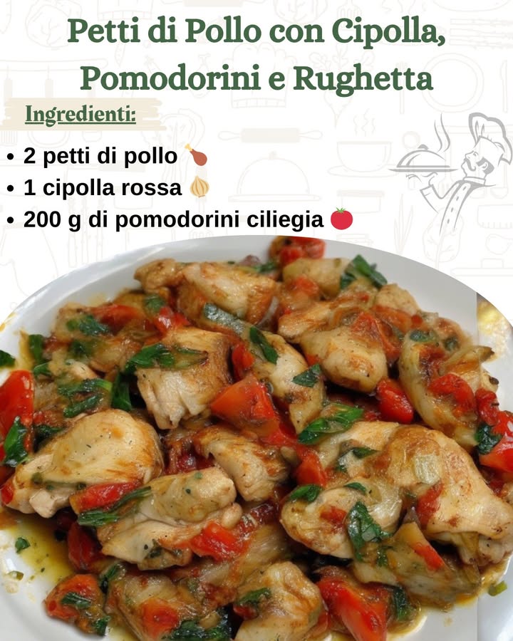 Petti di Pollo con Cipolla, Pomodorini e Rughetta 
Un piatto semplice, veloce e ricco di sapore, perfetto per una cena leggera ma gustosa. La dolcezza dei pomodorini e della cipolla si combina alla freschezza della rughetta, creando unarmonia di sapori che conquisterà tutti.

北 Ingredienti per 2 persone

2 petti di pollo 
1 cipolla rossa 暈
200 g di pomodorini ciliegia 
Una manciata di rughetta fresca rucola 
2 cucchiai di olio extravergine doliva 㮝
Sale e pepe nero a piacere 蓼
Una spruzzata di succo di limone  opzionale
Scaglie di parmigiano 燎 opzionale
1 Preparazione del pollo
Se i petti di pollo sono troppo spessi, tagliali a metà per garantire una cottura uniforme. Condiscili con un pizzico di sale e una macinata di pepe nero su entrambi i lati.

2 Soffriggere la cipolla
In una padella capiente, scalda lolio extravergine doliva a fuoco medio. Affetta finemente la cipolla rossa e aggiungila in padella. Cuocila per qualche minuto, mescolando, finché diventa morbida e leggermente dorata.

3 Aggiungere i pomodorini
Taglia i pomodorini ciliegia a metà e uniscili alla cipolla in padella. Lasciali cuocere per 5-7 minuti, finché si ammorbidiscono e rilasciano il loro succo, creando una base succosa e saporita.

4 Cuocere il pollo
Spingi i pomodorini e la cipolla ai lati della padella, creando spazio al centro. Aggiungi i petti di pollo e cuoci a fuoco medio-alto per circa 4-5 minuti per lato. Il pollo sarà pronto quando sarà ben dorato allesterno e completamente cotto allinterno.

5 Assemblare il piatto
Trasferisci i petti di pollo su un piatto da portata. Coprili con i pomodorini e la cipolla cotti. Completa il piatto aggiungendo una generosa manciata di rughetta fresca sopra, per un contrasto di freschezza e croccantezza.

6 Tocco finale
Se lo desideri, aggiungi una spruzzata di succo di limone per una nota fresca e agrumata. Guarnisci con scaglie di parmigiano per un sapore ancora più ricco e deciso.

Il tuo piatto è pronto per essere servito! Buon appetito!