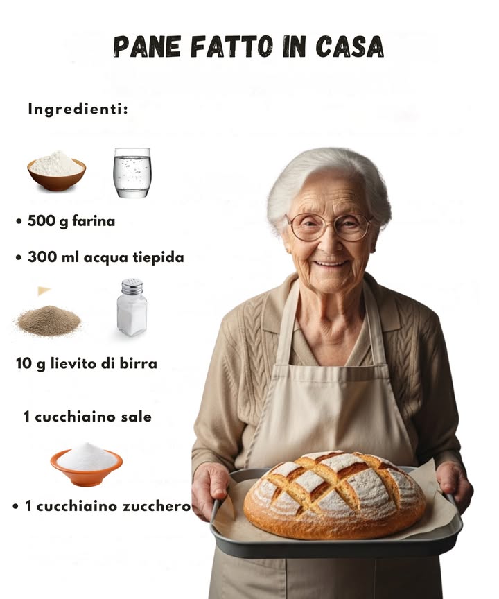 Pane fatto in casa 

Ingredienti:
 500 g di farina 
 300 ml di acqua tiepida 
 10 g di lievito di birra 
 1 cucchiaino di sale 蓼
 1 cucchiaino di zucchero 

Preparazione:

1 Sciogli il lievito e lo zucchero nellacqua tiepida.
2 Unisci la farina e il sale, poi versa lacqua e impasta fino a ottenere un panetto liscio.
3 Fai lievitare limpasto per 12 ore, coperto con un panno.
4 Dai la forma al pane, incidilo in superficie e lascia riposare per 20 minuti.
5 Cuoci in forno preriscaldato a 220C per 2530 minuti, fino a doratura.

Buon appetito!