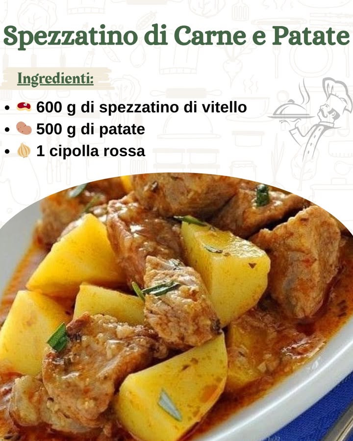 Spezzatino di Carne e Patate 

Un comfort food irresistibile, lo spezzatino di carne e patate è un classico della cucina italiana. Teneri bocconcini di vitello, patate morbide e un sugo ricco e saporito lo rendono perfetto per le giornate fredde o per una cena in famiglia. Scopri come prepararlo con questa ricetta semplice e gustosa!

 Ingredienti:
數 600 g di spezzatino di vitello
凜 500 g di patate…..
.
.
.
…………………………………..ricetta nel primo  c-o-m-m-e-n-t-o