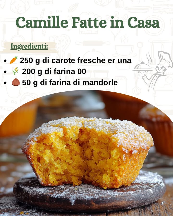 Camille Fatte in Casa: Le Soffici Tortine alle Carote per una Colazione Sana e Gustosa 凌
Ingredienti per circa 10-12 Camille
 Per limpasto:
凌 250 g di carote fresche 
 200 g di farina 00 
 50 g di farina di mandorle …..
.
.
.
.
……………………………ricetta nel primo  c-o-m-m-e-n-t-o