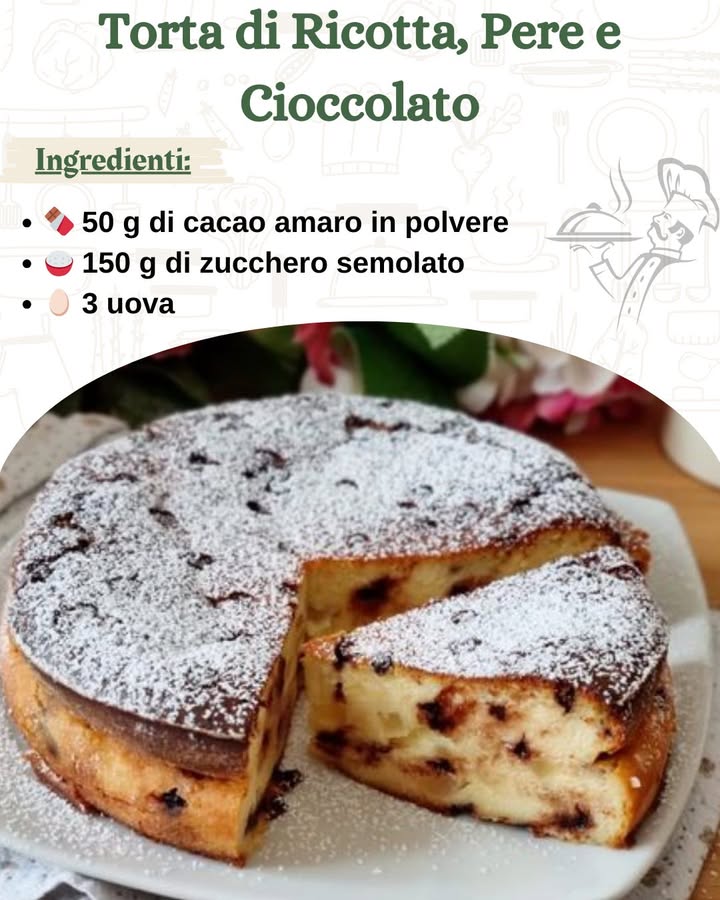 Torta di Ricotta, Pere e Cioccolato 

Ingredienti per uno stampo da 24 cm:

Per la base: 
 250 g di farina 00
 50 g di cacao amaro in polvere
 150 g di zucchero semolato……
.
.
.
…………………………………..La ricetta è nel primo  commento