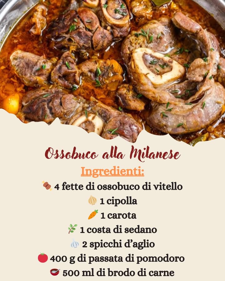 Ossobuco alla Milanese 

Ingredienti  per 4 persone:

 4 fette di ossobuco di vitello con losso centrale
暈 1 cipolla
凌 1 carota
 1 costa di sedano
龍 2 spicchi daglio
 400 g di passata di pomodoro o pomodori pelati
北 500 ml di brodo di carne
 1 rametto di rosmarino
 2 foglie di alloro
 Farina per infarinare
㮝 Olio extravergine doliva
蓼 Sale e pepe q.b.
 Scorza grattugiata di limone e prezzemolo fresco per la gremolata, opzionale

Preparazione 

Preparare la carne 
Per ottenere una carne dorata e succulenta, tamponate bene le fette di ossobuco con carta assorbente per rimuovere lumidità in eccesso. Infarinatele leggermente su entrambi i lati: questo aiuterà a sigillare i succhi della carne e a ottenere una consistenza più cremosa del sugo.

Scaldate un filo dolio extravergine doliva in una casseruola capiente e adagiate gli ossibuchi. Rosolateli a fuoco medio-alto per qualche minuto su entrambi i lati, fino a ottenere una crosticina dorata. Una volta ben sigillati, toglieteli dalla casseruola e teneteli da parte.

Preparare il soffritto 凌龍暈
Nella stessa casseruola, aggiungete la cipolla, la carota e il sedano tritati finemente. Unite gli spicchi daglio e lasciate soffriggere a fuoco medio per qualche minuto, mescolando di tanto in tanto. Questo passaggio permetterà alle verdure di sprigionare tutto il loro sapore, creando una base aromatica perfetta per il sugo.

Cottura della carne 
Rimettete gli ossibuchi nella casseruola e aggiungete la passata di pomodoro e il brodo di carne. Unite anche il rosmarino e le foglie di alloro, mescolando delicatamente per distribuire gli aromi in modo uniforme.

Coprite con un coperchio e lasciate cuocere a fuoco basso per circa 1 ora e 30 minuti. Girate gli ossibuchi di tanto in tanto e, se il sugo dovesse restringersi troppo, aggiungete altro brodo caldo per mantenere la giusta consistenza. Durante la cottura, la carne diventerà tenera e succosa, assorbendo tutti i sapori del sugo.

Aggiustate di sale e pepe verso la fine della cottura, assaggiando per bilanciare al meglio i sapori.

Preparare la gremolata opzionale 
Per un tocco di freschezza e contrasto, potete preparare la gremolata: tritate finemente la scorza di limone con il prezzemolo fresco e cospargete questa miscela sugli ossibuchi poco prima di servirli. Questo piccolo dettaglio darà una nota agrumata e profumata al piatto, esaltandone ulteriormente il sapore.

Servire 
Gli ossibuchi sono perfetti da gustare ben caldi, accompagnati da un contorno che ne esalti il gusto. Labbinamento tradizionale è con il risotto alla milanese, caratterizzato dal suo colore dorato e dal delicato aroma di zafferano. In alternativa, potete servirli con purè di patate o polenta cremosa, per un piatto ancora più ricco e avvolgente.

Lossobuco è un simbolo della cucina italiana, un piatto che racconta la tradizione e lamore per i sapori autentici. Perfetto per un pranzo in famiglia o per una cena speciale, ogni boccone è unesplosione di gusto e morbidezza.

Buon appetito!