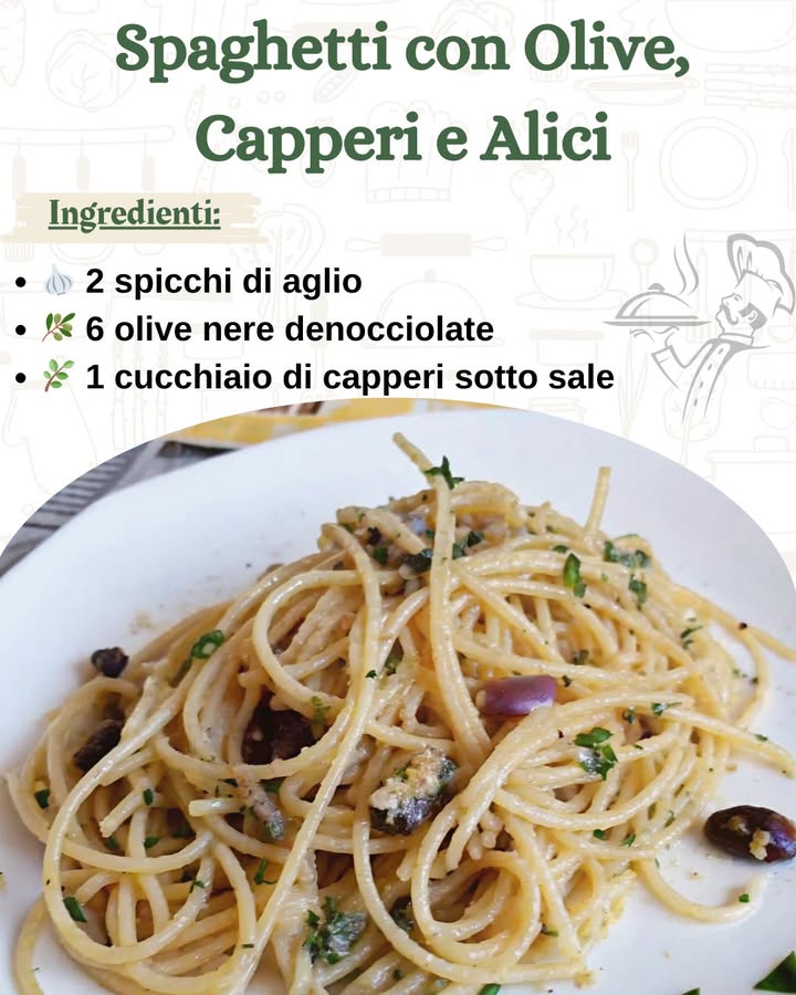Spaghetti con Olive, Capperi e Alici 

 Ingredienti per 2 persone

龍 2 spicchi di aglio
㮝 6 olive nere denocciolate
 1 cucchiaio di capperi sotto sale
 5 alici sottolio
 Peperoncino q.b.
㮝 Olio extravergine doliva q.b.
燎 4 cucchiai di caciocavallo grattugiato
 200 g di spaghetti
 Prezzemolo tritato q.b.
 2 cucchiai di pangrattato

 Preparazione passo dopo passo

1 Preparare il soffritto
In una padella ampia, scalda un filo dolio extravergine doliva e fai soffriggere a fiamma dolce gli spicchi daglio tritati finemente insieme a un pizzico di peperoncino.

Aggiungi le olive nere denocciolate e tagliate a pezzetti, insieme ai capperi sotto sale, che dovranno essere ben sciacquati per eliminare il sale in eccesso.

2 Aggiungere le alici
Unisci le alici sottolio e mescola delicatamente finché non si saranno sciolte completamente nel soffritto, creando una salsa saporita e profumata.

3 Cuocere la pasta
In una pentola con abbondante acqua salata, cuoci gli spaghetti fino a quando saranno al dente. Prima di scolarli, conserva un po di acqua di cottura, che servirà per creare una cremina con il caciocavallo grattugiato.

4 Preparare il pangrattato tostato
In un padellino a parte, scalda un filo dolio extravergine doliva e aggiungi il pangrattato, facendolo tostare a fiamma bassa fino a quando diventa dorato e croccante. Questo passaggio darà al piatto una piacevole nota croccante.

5 Mantecare la pasta
Scola gli spaghetti al dente e trasferiscili direttamente nella padella con il condimento. Aggiungi un mestolo di acqua di cottura e mescola energicamente per amalgamare tutti i sapori.

Versa la cremina di caciocavallo, ottenuta mescolando il formaggio con un po di acqua della pasta, e abbondante prezzemolo tritato.

Mescola bene il tutto e servi immediatamente, completando il piatto con una spolverata di pangrattato tostato per una consistenza ancora più gustosa.

 Consigli e varianti

 Per un sapore ancora più intenso, puoi aggiungere scorza di limone grattugiata a fine cottura 
 Se ami i sapori decisi, prova a sostituire il caciocavallo con pecorino romano per un gusto più saporito 燎
 Puoi rendere il piatto più ricco aggiungendo pomodorini freschi o secchi, per una nota leggermente dolce 
 Per una versione più leggera, puoi omettere il pangrattato e aggiungere un filo di olio extravergine doliva a crudo per esaltare i sapori 

 buon appetito!