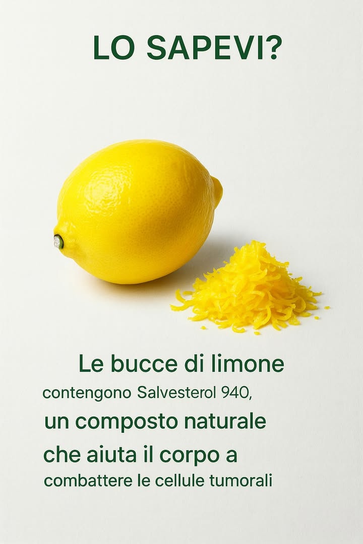 La buccia di limone: un piccolo tesoro per la salute 

Le bucce di limone contengono potenti composti naturali come il Salvestrol 940 e il limonene, sostanze bioattive che aiutano lorganismo a riconoscere ed eliminare le cellule danneggiate, preservando quelle sane. 

Questi fitonutrienti sostengono i processi di depurazione del corpo, riducono lo stress ossidativo e favoriscono leliminazione naturale delle cellule deteriorate. 

Non gettare la buccia: grattugiala nei frullati, nelle tisane o nelle insalate per un tocco di freschezza e benessere quotidiano.