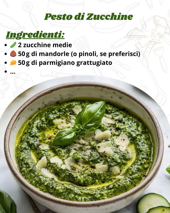 Pesto di Zucchine: La Ricetta Fresca, Veloce e Super Cremosa per Mille Piatti! 

茶 Ingredienti per 4 persone
勒 2 zucchine medie

 50 g di mandorle o pinoli, se preferisci

燎 50 g di parmigiano grattugiato

龍 1 spicchio daglio facoltativo

㮝 2 cucchiai di olio extravergine doliva

 1 cucchiaio di succo di limone opzionale per un tocco di freschezza

蓼 Sale e pepe q.b.

 Basilico fresco facoltativo, per arricchire il sapore

 Preparazione passo-passo
1. Prepara le zucchine 勒
Lava le zucchine e tagliale a rondelle sottili.
Puoi:
 Usarle crude per un pesto dal sapore fresco e croccante
 Oppure sbollentarle 2 minuti in acqua salata per una consistenza più vellutata

2. Frulla tutti gli ingredienti 
Metti nel mixer:

le zucchine

le mandorle o pinoli

il parmigiano

laglio se gradito

lolio doliva

il succo di limone

una presa di sale e pepe

Frulla fino a ottenere una crema omogenea e liscia.
 Se il composto è troppo denso, aggiungi un po di acqua o un filo dolio per renderlo più fluido.

3. Aggiusta il sapore 
Assaggia e regola:

sale 蓼

pepe 

succo di limone  se lo vuoi più vivace
Aggiungi anche basilico fresco se desideri un aroma più tradizionale 

4. Servi come vuoi 
Il pesto di zucchine è super versatile:
 Per condire la pasta  meglio corta, come penne, fusilli, trofie
 Spalmato su crostini o bruschette  antipasto sfizioso e originale
綾 Come salsa per insalate di riso o cereali  aggiunge freschezza
 Per accompagnare carne bianca o pesce alla griglia  abbinamento leggero e gustoso!