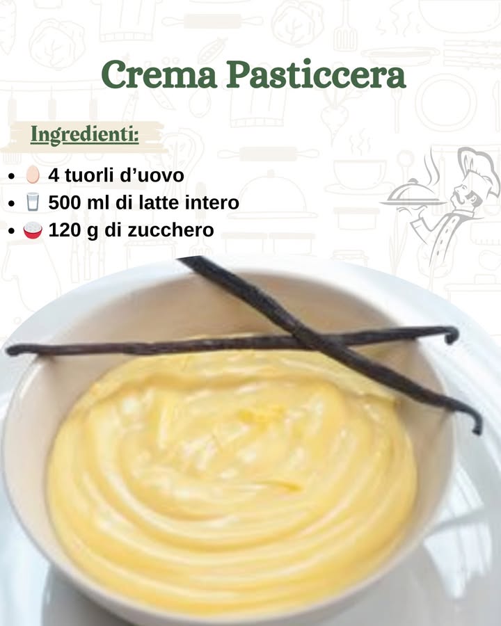 Crema Pasticcera: Il Cuore Morbido della Pasticceria 

 Ingredienti per circa 500 g di crema

讀 4 tuorli duovo
拏 500 ml di latte intero
 120 g di zucchero
 40 g di amido di mais o farina 00………..
.
.
.
.
.
…………………………La ricetta è nel primo  commento
