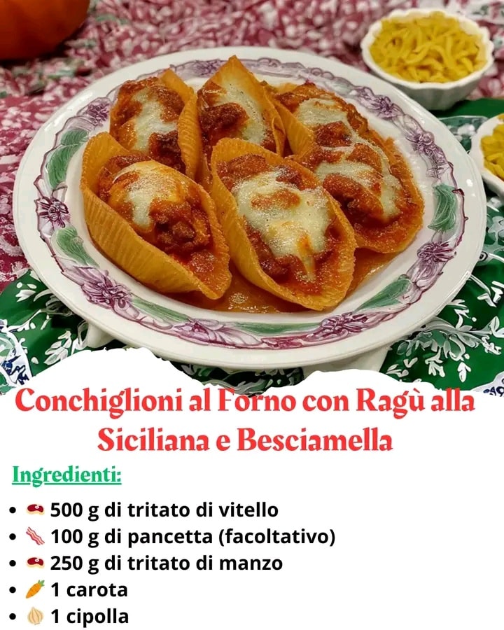 燎 Conchiglioni al Forno con Ragù alla Siciliana e Besciamella 

Ingredienti  per 6 persone:

 Per il ragù alla siciliana 
數 500 g di tritato di vitello
肋 100 g di pancetta facoltativo
數 250 g di tritato di manzo in alternativa alla pancetta
凌 1 carota
暈 1 cipolla
 1 gambo di sedano
 Finocchietto selvatico facoltativo
 100 g di piselli surgelati
 Funghi in scatola facoltativi
 1 litro di passata di pomodoro
籠 200 ml di passata di pomodoro extra se si preferisce un sugo più liquido
㮝 Olio extravergine doliva q.b.
 2 cucchiaini di zucchero
蓼 Sale e pepe q.b.
 Noce moscata q.b.

 Per la pasta e la gratinatura 
 Conchiglioni quantità a piacere
拏 Besciamella quantità a piacere
燎 Parmigiano grattugiato per la gratinatura

Preparazione :

 Preparare il soffritto e il ragù 
Trita finemente carota, cipolla e sedano o finocchietto, se utilizzato e soffriggili in una pentola con olio extravergine doliva a fuoco basso per circa 10 minuti, mescolando spesso.

Aggiungi il tritato di vitello e manzo oppure la pancetta e lascia rosolare a fuoco medio per qualche minuto fino a quando la carne sarà ben sigillata.

 Aggiungere gli ingredienti al ragù 籠
Unisci i funghi a pezzetti e i piselli surgelati, quindi rosola per circa 10 minuti.

Versa la passata di pomodoro, allunga con un po dacqua e insaporisci con sale, pepe, zucchero e noce moscata. Mescola bene per amalgamare tutti gli aromi.

Copri la pentola e lascia cuocere a fiamma bassa per almeno 2-3 ore, mescolando di tanto in tanto per evitare che il ragù si attacchi al fondo.

 Cuocere la pasta e riempire i conchiglioni 
Cuoci i conchiglioni in abbondante acqua salata, scolandoli molto al dente termineranno la cottura in forno.

Lascia intiepidire leggermente la pasta e riempi ogni conchiglione con il ragù, distribuendolo bene in ogni pezzo.

 Assemblare la teglia e cuocere in forno 
Distribuisci un velo di besciamella sul fondo di una pirofila da forno. Disponi i conchiglioni ripieni uno accanto allaltro.

Ricopri con abbondante besciamella e una spolverata di Parmigiano grattugiato per ottenere una gratinatura perfetta.

Cuoci in forno preriscaldato a 180C per 20-25 minuti, fino a quando la superficie sarà dorata e leggermente croccante.

Come Servire 
 Servi i conchiglioni ben caldi, decorati con un pizzico di prezzemolo tritato fresco per un tocco di freschezza. 
 Perfetti con un bicchiere di vino rosso corposo, come un Nero dAvola o un Chianti. 
 Accompagnali con uninsalata verde croccante per un contrasto di consistenze. 綾

Porzioni e Calorie per Porzione 
 Porzioni: 6 persone
 Calorie per porzione: Circa 550-600 kcal a seconda della quantità di besciamella utilizzata

Tempo di Preparazione 

 Preparazione: 30 minuti
 Cottura del ragù: 2-3 ore
 Cottura in forno: 25 minuti
 Tempo totale: Circa 3 ore e 30 minuti

Buon appetito! 燎