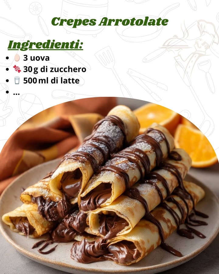 Crêpes arrotolate dolci: La ricetta perfetta per rotolini golosi 

 Ingredienti per circa 12 crêpes
讀 3 uova
 30 g di zucchero
拏 500 ml di latte intero
杻 50 g di burro fuso
蓼 1 pizzico di sale
 250 g di farina 00
 1 bustina di zucchero vanigliato

 Preparazione passo dopo passo
1. Sbatti le uova 讀
In una ciotola capiente, sbatti le uova con lo zucchero fino a ottenere un composto leggermente spumoso.

2. Aggiungi gli altri ingredienti 拏
Unisci il latte, la farina setacciata, il sale, lo zucchero vanigliato e infine il burro fuso. Mescola il tutto con una frusta fino ad ottenere una pastella liscia.

3. Filtra la pastella 
Per eliminare eventuali grumi, passa la pastella attraverso un colino a maglia fine. Puoi anche usare un frullatore per renderla perfettamente omogenea.

4. Lascia riposare 
Copri la ciotola con pellicola e lascia riposare la pastella in frigorifero per almeno 30 minuti. Questo passaggio è importante per ottenere crêpes più elastiche.

5. Cuoci le crêpes 
Scalda una padella antiaderente leggermente unta. Versa un mestolo di pastella, ruota la padella per distribuirla uniformemente e cuoci a fuoco medio per 1-2 minuti per lato. Ripeti fino a terminare la pastella.

6. Arrotola le crêpes 
Farcisci ogni crêpe con marmellata, Nutella, crema pasticcera o quello che preferisci. Arrotola delicatamente e servi calde o fredde.