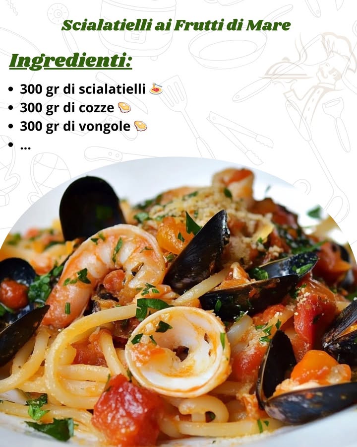 Scialatielli ai Frutti di Mare: Il Primo Piatto Tipico della Costiera Amalfitana 

Ingredienti 
Per preparare gli scialatielli ai frutti di mare per 4 persone, ti serviranno:

300 gr di scialatielli 

300 gr di cozze 寧

300 gr di vongole 寧

200 gr di gamberi sgusciati 

200 gr di pomodorini 

Olio extravergine di oliva q.b. 㮝

Prezzemolo fresco q.b. 

Sale q.b. 蓼

4-5 spicchi di aglio 龍

1 bicchiere di vino bianco 

Preparazione: Un Piatto Elegante e Facile da Preparare 
1 Pulizia dei gamberi: Per prima cosa, rimuovi la testa e il carapace dei gamberi. Con laiuto di uno stecchino di legno, rimuovi anche il filo nero sul dorso. Poi metti i gamberi in una ciotola e tienili da parte.

2 Preparazione del soffritto: In una padella capiente, versa un generoso filo di olio extravergine di oliva e aggiungi 3-4 spicchi daglio. Fai dorare laglio a fuoco basso.

3 Aggiungi le cozze e le vongole: Quando lolio è caldo e laglio ben dorato, aggiungi le cozze e le vongole. Sfumale con il vino bianco e copri la padella con un coperchio. Lasciale aprire per circa 3-4 minuti. Una volta aperte, prelevale dalla padella e mettile in una ciotola.

4 Filtra il liquido di cottura: Filtra il liquido di cottura delle cozze e delle vongole con un colino fine per eliminare eventuali residui di sabbia o impurità. Tieni da parte qualche cozza e vongola intera per la decorazione finale, mentre sguscia le altre.

5 Prepara il sugo con i pomodorini: Pulisci la padella, aggiungi un altro filo di olio e soffriggi 2-3 spicchi daglio. Aggiungi i pomodorini tagliati a metà e falli insaporire per qualche minuto.

6 Cucina i gamberi: Aggiungi i gamberi al soffritto di pomodorini e cuocili per pochi istanti. I gamberi cuociono velocemente, quindi fai attenzione a non prolungare troppo la cottura per evitare che diventino duri.

7 Cuoci gli scialatielli: Nel frattempo, porta a bollore una pentola dacqua salata e cuoci gli scialatielli per circa 2 minuti in meno rispetto al tempo indicato sulla confezione, poiché finiranno di cuocere nel tegame con il sugo.

8 Unisci la pasta al sugo: Quando gli scialatielli sono al dente, scolali e trasferiscili nella padella con il sugo di frutti di mare. Aggiungi un mestolo di acqua di cottura della pasta per aiutare a creare una salsa cremosa.

9 Manteca il piatto: Unisci le cozze e le vongole sgusciate e aggiungi il loro liquido filtrato. Mescola bene e lascia cuocere per qualche minuto per far restringere il sugo.

 Completamento del piatto: Allontana la padella dal fuoco, aggiungi un filo dolio extravergine di oliva e del prezzemolo tritato per dare freschezza al piatto. Mescola bene per amalgamare gli ingredienti.

11 Servi gli scialatielli: Distribuisci gli scialatielli ai frutti di mare nei piatti, guarnisci con le cozze e le vongole intere per un tocco decorativo e porta in tavola subito, ancora caldi e saporiti.