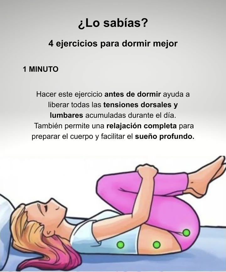 Ejercicio nocturno para un sueño profundo

Realiza este estiramiento durante 1 minuto antes de dormir para liberar las tensiones dorsales y lumbares acumuladas durante el día.
Favorece una relajación completa, calma la mente y prepara el cuerpo para un descanso profundo y reparador.

Ideal para reducir el estrés y mejorar la calidad del sueño naturalmente.