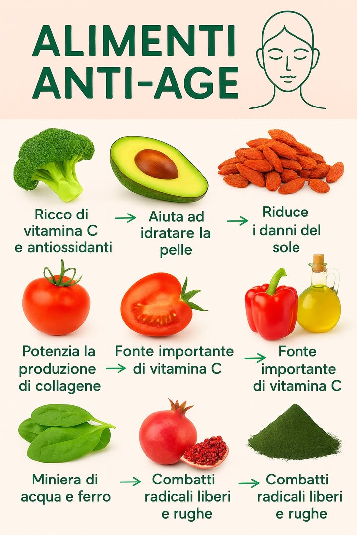 Alimenti Anti-Age: Nutrienti che Mantengono Giovani

Broccoli: ricchi di vitamina C e antiossidanti.

Avocado: idrata e nutre la pelle.

Bacche di goji: riducono i danni del sole.

Pomodori: stimolano il collagene.

Peperoni rossi: fonte importante di vitamina C.

Spinaci: idratanti e ricchi di ferro.

Melograno: combatte radicali liberi e rughe.

Spirulina: potente antiossidante anti-età.