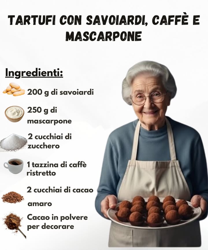 Tartufini ai Savoiardi, Caffè e Mascarpone 

Piccoli dolcetti cremosi e profumati di caffè, perfetti per chi ama i sapori del tiramisù in versione mignon 

 Ingredienti 

200 g di savoiardi 

250 g di mascarpone 燎

2 cucchiai di zucchero 

1 tazzina di caffè forte 

2 cucchiai di cacao amaro 

Cacao in polvere per decorare 

 Preparazione passo dopo passo

1 Sbriciola finemente i savoiardi in una ciotola.
Aggiungi mascarpone, zucchero, caffè e cacao amaro, poi mescola fino a ottenere un composto morbido e omogeneo.

2 Forma delle piccole palline e passale nel cacao in polvere per ricoprirle completamente.

3 Metti i tartufini in frigorifero per almeno 1 ora prima di servirli.

Un dolcetto semplice, elegante e irresistibile, perfetto da gustare con un buon caffè