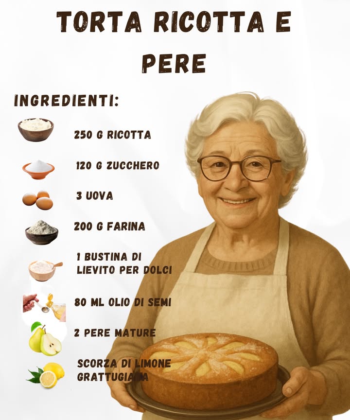 Torta ricotta e pere soffice 

Ingredienti

Ricotta 250 g 燎

Zucchero 120 g 

Uova 3 讀

Farina 200 g 

Lievito per dolci 1 bustina 

Olio di semi 80 ml 㮝

Pere mature 2 

Scorza di limone grattugiata 

Preparazione
1 Monta uova e zucchero fino a ottenere una crema chiara e spumosa.
2 Aggiungi la ricotta e lolio, poi incorpora farina, lievito e scorza di limone.
3 Taglia le pere a cubetti e uniscile delicatamente allimpasto.
4 Versa in una tortiera imburrata e infarinata.
5 Cuoci in forno statico a 180C per circa 40 minuti.