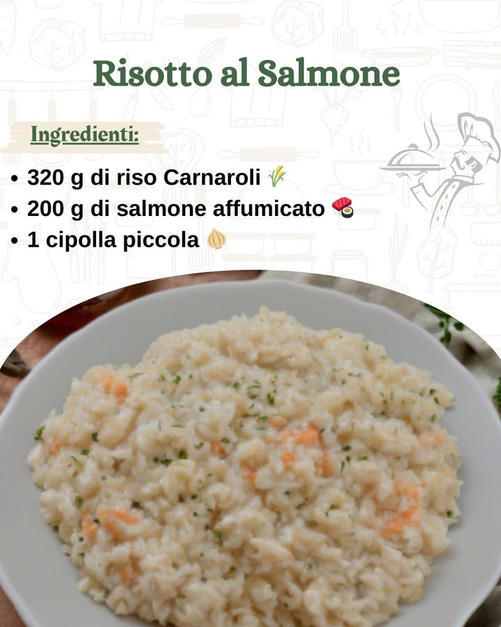 Risotto al Salmone 

Ingredienti 

320 g di riso Carnaroli 
200 g di salmone affumicato 
1 cipolla piccola 暈
700 ml di brodo vegetale caldo 
2 cucchiai di olio extravergine doliva 㮝
50 g di burro 杻
100 ml di panna fresca 拏
100 g di parmigiano grattugiato 燎
Sale q.b. 蓼
Pepe nero q.b. 
Aneto fresco facoltativo 
Preparazione 

1 Preparare il salmone
Inizia tagliando il salmone affumicato a striscioline o a cubetti piccoli, a seconda delle preferenze. Se preferisci un sapore più delicato, puoi anche ridurlo a pezzetti più piccoli.

2 Soffritto
In una padella capiente, scaldare lolio extravergine doliva a fuoco medio. Aggiungi la cipolla tritata finemente e lasciala soffriggere per qualche minuto, finché non diventa trasparente. Questo creerà la base aromatica per il risotto.

3 Tostare il riso
Aggiungi il riso nella padella con la cipolla e mescola bene per farlo tostare leggermente. La tostatura aiuterà a mantenere la consistenza del risotto durante la cottura. Continua a mescolare per un paio di minuti.

4 Cottura del risotto
Aggiungi gradualmente il brodo vegetale caldo, un mestolo alla volta, mescolando frequentemente. Ogni volta che il brodo viene assorbito, aggiungi un altro mestolo di brodo. Continua questo processo fino a quando il riso è al dente, ci vorranno circa 15-18 minuti.

5 Aggiungere il salmone e la panna
Quando il risotto è quasi pronto, aggiungi il salmone affumicato tagliato e mescola delicatamente. Aggiungi anche la panna fresca, che darà al risotto una consistenza cremosa e avvolgente. Mescola per amalgamare tutti gli ingredienti.

6 Mantecare e condire
A fuoco spento, aggiungi il burro e il parmigiano grattugiato. Mescola delicatamente per mantecare il risotto, rendendolo ancora più cremoso. Aggiusta di sale e pepe a piacere.

7 Servire
Servi il risotto al salmone ben caldo, decorato con qualche rametto di aneto fresco per un tocco di freschezza. Laneto si sposa perfettamente con il sapore del salmone, ma è facoltativo se non ti piace.

Buon appetito!