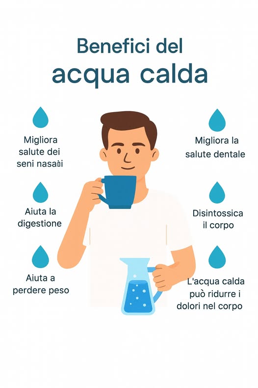 Benefici del bere acqua calda 

Bere acqua calda con regolarità è unabitudine semplice che può sostenere diversi aspetti del benessere quotidiano.

 Può aiutare a liberare le vie respiratorie e a dare sollievo durante i raffreddamenti.
 Favorisce la digestione, sostenendo lassorbimento dei nutrienti.
 Se inserita in uno stile di vita equilibrato, può contribuire alla gestione del peso.
 Agevola leliminazione delle scorie, sostenendo i processi di depurazione naturale.
 Può aiutare a mantenere una buona igiene orale grazie al suo effetto delicato.
 In alcuni casi può contribuire a ridurre la sensazione di rigidità muscolare e lieve tensione.

Un piccolo gesto quotidiano che può diventare un momento di cura e attenzione verso il proprio equilibrio generale.