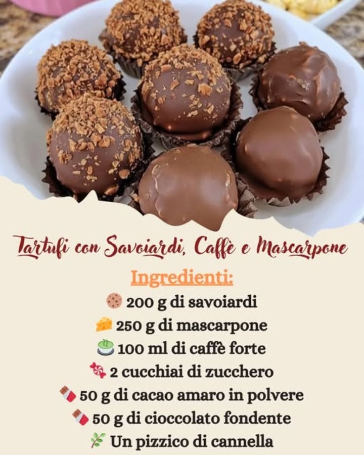Tartufi con Savoiardi, Caffè e Mascarpone 
Ingredienti  per circa 15 tartufi
 200 g di savoiardi
燎 250 g di mascarpone
 100 ml di caffè forte…..
.
.
.
……………………………………..ricetta nel primo   c-o-m-m-e-n-t-o