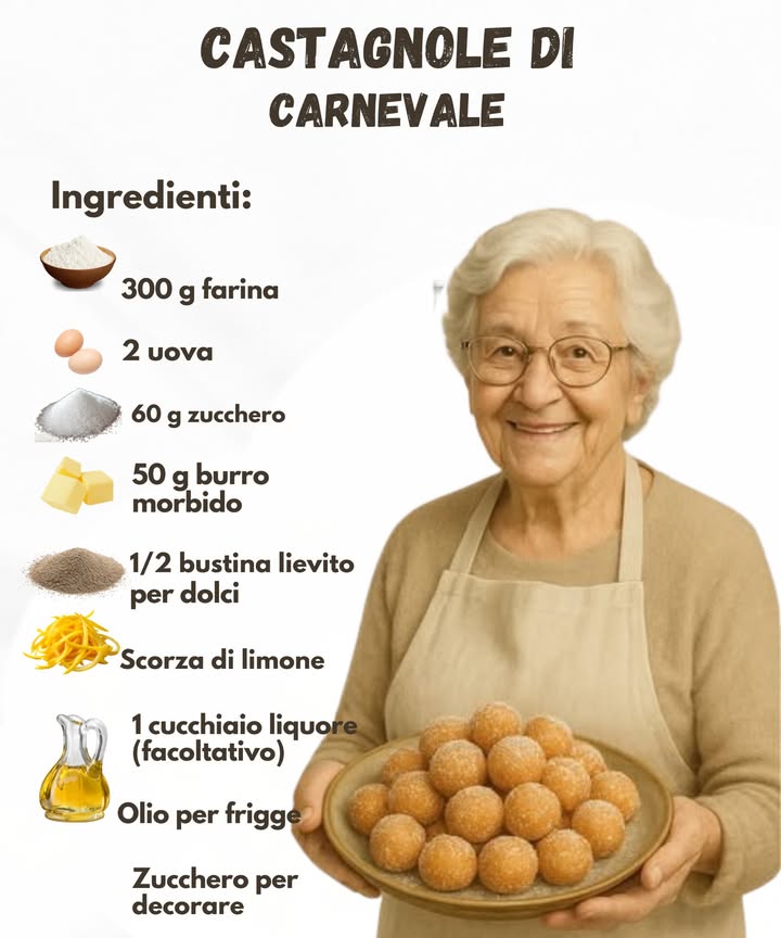 Castagnole di Carnevale Soffici e Dorate 

Dolcetti morbidi, profumati e irresistibili, perfetti per portare in tavola latmosfera allegra del Carnevale. Si preparano in pochi minuti e spariscono ancora più velocemente.

Ingredienti
 300 g farina 
 2 uova 讀
 60 g zucchero 
 50 g burro morbido 杻
 Mezza bustina di lievito per dolci 
 Scorza di limone 
 1 cucchiaio di liquore, facoltativo 
 Olio per friggere 
 Zucchero per decorare 

Preparazione
1 Mescolare farina, zucchero e lievito.
2 Aggiungere uova, burro morbido, scorza di limone e liquore, lavorando fino a ottenere un impasto uniforme.
3 Formare rotolini, tagliare piccoli pezzi e arrotondarli con le mani.
4 Friggere in olio caldo fino a doratura uniforme.
5 Scolare e passare nello zucchero mentre sono ancora tiepide.

Castagnole leggere e golose, perfette per ogni momento della festa