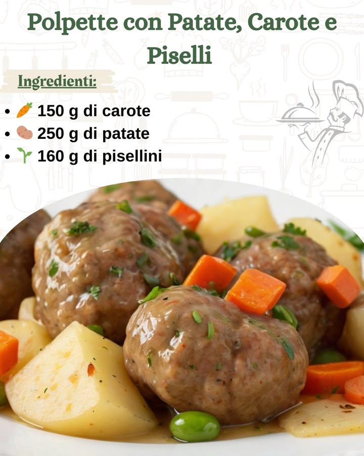凌 Polpette con Patate, Carote e Piselli 

Un piatto ricco e saporito, perfetto per un pasto in famiglia o una cena leggera ma gustosa. Le polpette accompagnate da patate, carote e piselli sono una combinazione vincente di sapori tradizionali e comfort food.

 Ingredienti:

Per le polpette e il contorno:
凌 150 g di carote
凜 250 g di patate
 160 g di pisellini
暈 1 cipolla q.b.
數 500 g di carne macinata di manzo
讀 1 uovo
凜 1 patata lessa
 2 cucchiai di pane grattugiato
 Prezzemolo fresco q.b.
蓼 Sale q.b.
 Pepe q.b.
 Acqua q.b.
㮝 Olio extravergine doliva q.b.

 Preparazione:

1 Iniziate lessando la patata in abbondante acqua salata fino a quando sarà morbida. Una volta pronta, sbucciatela e schiacciatela con una forchetta, poi mettetela da parte.

2 In una ciotola capiente, unite la carne macinata, luovo, la patata schiacciata, il pane grattugiato, il prezzemolo tritato finemente, sale e pepe. Impastate il tutto con le mani fino a ottenere un composto omogeneo. Formate delle polpette della dimensione desiderata e mettetele da parte.

3 Pelate le carote e tagliatele a rondelle. Sbucciate le patate e tagliatele a cubetti regolari. Tritate finemente la cipolla.

4 In una padella capiente, scaldate un filo dolio extravergine doliva e soffriggete la cipolla fino a renderla dorata. Aggiungete le carote e le patate, facendole insaporire per qualche minuto.

5 Unite i pisellini e mescolate bene. Aggiungete un bicchiere dacqua, coprite con un coperchio e lasciate cuocere a fuoco medio per circa 15 minuti, mescolando di tanto in tanto.

6 Nel frattempo, in unaltra padella, scaldate un filo dolio e rosolate le polpette fino a ottenere una doratura uniforme. Una volta pronte, trasferitele nella padella con le verdure.

7 Mescolate delicatamente le polpette con il contorno di carote, patate e piselli, aggiustando di sale e pepe se necessario. Coprite e lasciate cuocere per altri 10 minuti a fuoco basso, in modo che i sapori si amalgamino perfettamente.

Servite le polpette calde con il contorno di verdure, accompagnate da un filo dolio crudo e una spolverata di prezzemolo fresco. Un piatto completo e nutriente che conquisterà tutti a tavola!

Buon appetito! 凜凌