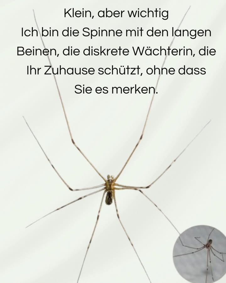 Ich bin diese kleine Spinne, die still und unauffällig in den Ecken deines Zuhauses sitzt. Vertreib mich nicht ich wache über deinen Raum und trage zu deinem Wohlbefinden bei.  Während du schläfst, ziehe ich leise meine Runde. Ich fange Mücken, halte unerwünschte Eindringlinge fern und verhindere, dass sich andere, weniger willkommene Spinnen ausbreiten. Ich bin klein, friedlich und völlig harmlos, doch meine Rolle in deinem Zuhause ist viel wertvoller, als man denkt. Meine Netze sind vielleicht kein hübscher Schmuck, aber sie gehören zu meiner Art, die Umgebung zu schützen. Mit mir zu leben bedeutet, einen natürlichen Verbündeten an seiner Seite zu haben, der das Gleichgewicht im Haus unterstützt  ohne jemals etwas dafür zu verlangen.