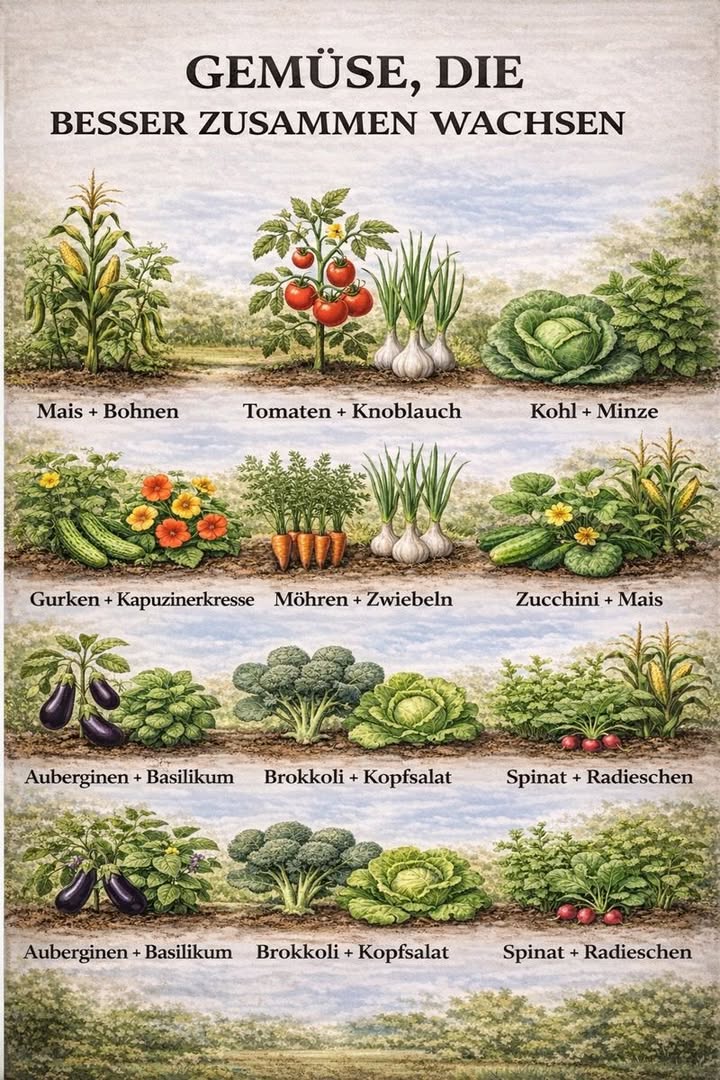 Pflanzen sinnvoll kombinieren für einen ausgewogenen Gemüsegarten 
Einige Pflanzen unterstützen sich gegenseitig, wenn sie nebeneinander wachsen. Richtig kombiniert fördern sie das Wachstum, reduzieren Schädlinge und verbessern die Bodengesundheit.

 Mais und Bohnen
Der Mais dient als natürliche Stütze, während die Bohnen den Boden mit Stickstoff anreichern.

 Tomaten und Knoblauch
Knoblauch hilft, bestimmte Insekten fernzuhalten und stärkt die Pflanzen.

 Kohl und Minze
Minze stört Schädlinge und trägt zu einem gesünderen Umfeld bei.

 Gurken und Kapuzinerkresse
Kapuzinerkresse zieht Blattläuse an und schützt so die Gurken.

 Karotten und Zwiebeln
Ihre unterschiedlichen Gerüche vertreiben die jeweiligen Schädlinge.

 Kürbis und Mais
Der Kürbis bedeckt den Boden, hält die Feuchtigkeit und hemmt Unkraut.

 Auberginen und Basilikum
Basilikum unterstützt das Wachstum und kann die Fruchtqualität verbessern.

 Brokkoli und Salat
Salat beschattet den Boden und verringert die Verdunstung.

 Gut durchdachte Pflanzkombinationen stärken den Gemüsegarten auf natürliche Weise und machen ihn widerstandsfähiger.
#fblifestyle