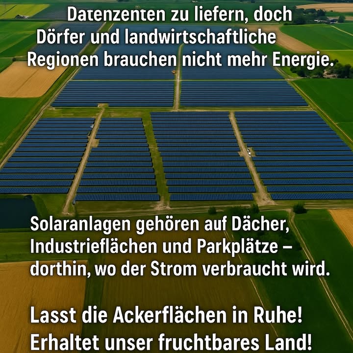 Erneuerbare Energie muss wachsen, doch Ackerland bleibt Ackerland. Felder sollen unberührt bleiben.
 Solaranlagen werden häufig auf fruchtbaren Böden aufgebaut
 Dadurch verschwinden Anbauflächen und landwirtschaftliche Existenzen
 Dörfer brauchen keinen riesigen zusätzlichen Strom, Großstädte und Rechenzentren schon
 Solarpanels gehören auf Dächer, Parkplätze und städtische Flächen, nicht auf die Felder, die uns ernähren