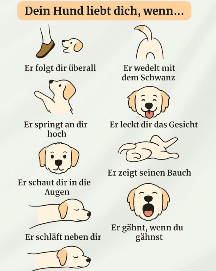 Zeichen dafür, dass Ihr Hund Sie wirklich liebt 
Die Verbindung zwischen einem Hund und seinem Menschen zeigt sich in vielen kleinen, ehrlichen Alltagsgesten:
 Er bleibt gern ganz nah bei Ihnen
Folgt er Ihnen überall hin, liegt das daran, dass Ihre Nähe ihn beruhigt. Sie sind für ihn eine Quelle von Sicherheit und Wohlbefinden.
 Sein Schwanz wedelt, sobald er Sie sieht
Ein locker wedelnder Schwanz mit entspanntem Körper drückt echte Freude und Vertrauen aus.
 Er begrüßt Sie mit viel Energie
Im-Kreis-Laufen, kleine Sprünge, schnelle Bewegungen So zeigt er, wie glücklich er ist, wenn Sie nach Hause kommen.
 Er leckt Sie liebevoll ab
Diese kleinen Schleckereien sind ein natürlicher Ausdruck von Zuneigung und Bindung  so stärkt er eure Beziehung.
 Sein Blick ist weich und ruhig
Längerer Blickkontakt ist ein Zeichen von Gelassenheit und emotionaler Nähe.
 Er dreht sich auf den Rücken und zeigt seinen Bauch
Sich in Ihrer Gegenwart auf den Rücken zu legen, zeigt absolutes Vertrauen: Er fühlt sich bei Ihnen sicher.
 Er schläft gern in Ihrer Nähe
Sich neben Sie zu legen, selbst zum Ausruhen, zeigt sein Bedürfnis nach Geborgenheit und Nähe.
 Er reagiert auf Ihre Emotionen
Beobachtet er Sie genau, imitiert Ihre Bewegungen oder passt sich Ihrer Stimmung an, zeigt das eine tiefe Verbindung.
Jede noch so kleine Geste offenbart die treue und aufrichtige Liebe, die Ihr Hund Ihnen Tag für Tag schenkt