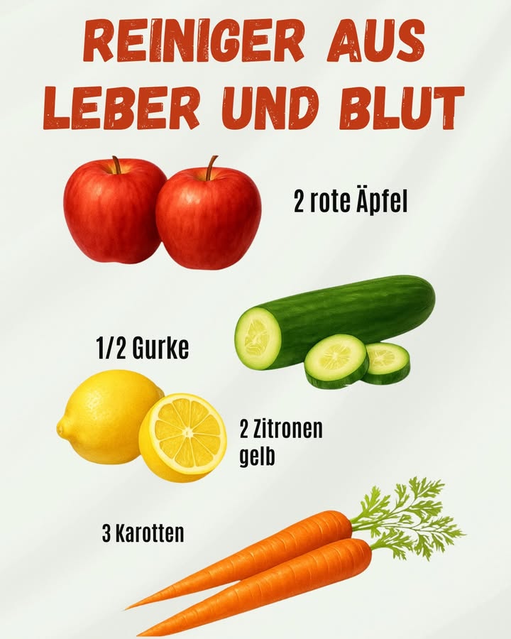 Leber- und blutreinigender Saft 

1 2 Äpfel – Reich an Antioxidantien, die eine gute Leberfunktion unterstützen 
2 1/2 Gurke – Spendet Feuchtigkeit und hilft dem Körper, Giftstoffe auszuscheiden 勒
3 2 Zitronen – Natürliche Quelle von Vitamin C, das die Entgiftung fördert 
4 3 Karotten – Liefern Beta-Carotin, das die Gesundheit des Blutes stärkt 凌

Waschen Sie die Zutaten gut, hacken Sie sie und pürieren Sie alles in einem Mixer, bis Sie eine homogene Mischung erhalten. Gekühlt trinken, um einen sanften, nahrhaften Kick zu genießen.