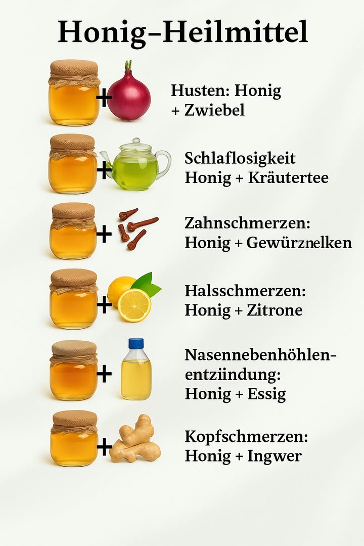 Honig  ein natürlicher Helfer bei kleinen Alltagsbeschwerden 

蠟 Husten lindern
Honig  Zwiebel
 Eine Zwiebel in Stücke schneiden und mit Honig übergießen. Einige Stunden ziehen lassen.
Nimm einen Teelöffel davon, um Halsreiz zu beruhigen und den Husten zu mildern.

 Besseren Schlaf fördern
Honig  Kräutertee
 Einen Löffel Honig in eine Tasse warmen Tee geben z. B. Kamille, Lindenblüte oder Lavendel.
Das hilft, Körper und Geist zu entspannen und das Einschlafen zu erleichtern.

 Zahnschmerzen vorübergehend lindern
Honig  Gewürznelke
 Etwas Honig mit gemahlener Nelke mischen und vorsichtig auf die schmerzende Stelle auftragen.
Die Nelke ist bekannt für ihre beruhigende und leicht betäubende Wirkung.

 Kleine, natürliche Hausmittel, die Körper und Seele guttun.

#fblifestyle #Naturheilkunde #Hausmittel #GesundLeben #Wohlbefinden #Honigkraft