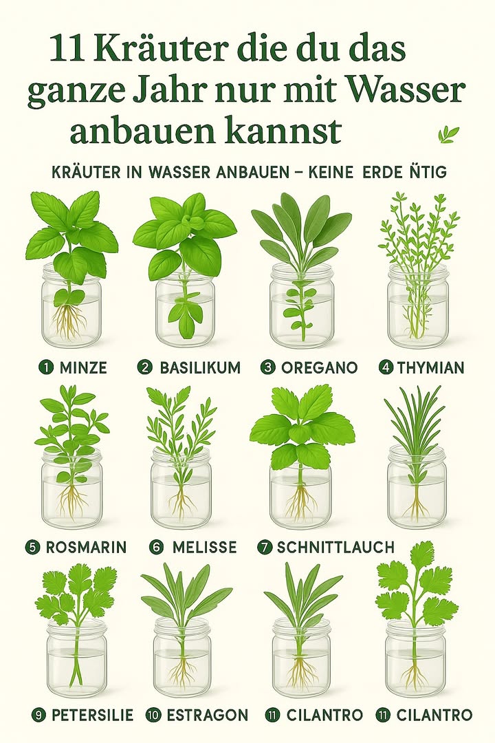 Nicht alle Kräuter lieben Erde  diese 11 wachsen prächtig nur im Wasser und gedeihen das ganze Jahr über… 

 Minze  Schnelles Wachstum; liebt helles, indirektes Licht und kühle Räume. Zonen 311
 Basilikum  Braucht mindestens 6 Stunden Sonne täglich; ideal in warmen Monaten. Zonen 1011 im Freien
 Salbei  Sonnenliebend; verholzte Stängel wurzeln langsam. Zonen 59
 Oregano  Mag warme Räume und helles Licht; klassisches Küchenkraut. Zonen 510
 Thymian  Kompakt und duftend; bevorzugt helles, indirektes Licht. Zonen 510
 Rosmarin  Benötigt 68 Stunden Sonne; wurzelt langsam, wächst danach aber kräftig. Zonen 710
 Zitronenmelisse  Helles Licht; bildet schnell Wurzeln; perfekt für Tees. Zonen 49
 Schnittlauch  Viel Licht und kühle Luft sorgen für gesunde Pflanzen. Zonen 39
 Koriander  Bevorzugt kühlere Temperaturen und indirektes Licht; ideal für den Winter. Zonen 211, einjährig
 Lavendel  Braucht 8 Stunden volle Sonne; Wasser regelmäßig wechseln. Zonen 59
 Petersilie  Liebt Sonne und gleichmäßige Wärme; perfekt für Einsteiger. Zonen 39

 Tipp: Wechsle das Wasser alle 34 Tage und verwende ein durchsichtiges Glas, um das Wurzelwachstum zu beobachten.