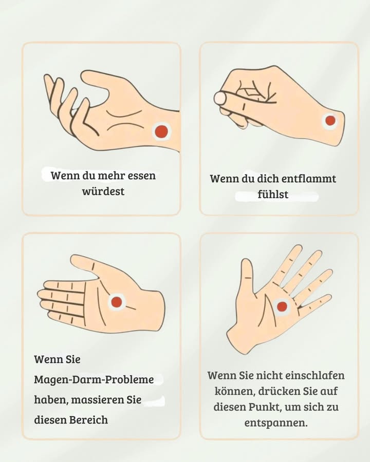 Natürliche Tipps zur Entspannung des Körpers und zur Linderung kleiner Beschwerden 

Diese einfachen Handgriffe, inspiriert von der Reflexzonenmassage und der traditionellen Medizin, können helfen, den Körper zu beruhigen, die Verdauung zu fördern und den Schlaf zu verbessern. Regelmäßig angewendet, tragen sie zu einem besseren körperlichen und emotionalen Gleichgewicht bei.

 Nach einem üppigen Essen
Massiere sanft den Bereich etwa zwei Fingerbreit oberhalb des Bauchnabels in kreisenden Bewegungen im Uhrzeigersinn. Dies regt die Verdauung an, lindert das Völlegefühl und hilft, Blähungen zu vermeiden. Eine Tasse Pfefferminz- oder Ingwertee kann die Wirkung zusätzlich verstärken.

 Bei aufgeblähtem Bauch
Übe leichten Druck auf den Punkt aus, der sich drei Fingerbreit unterhalb des Bauchnabels befindet. Halte diesen Druck etwa 30 Sekunden lang, lasse los und wiederhole es mehrmals. Diese Technik hilft, die Darmtätigkeit zu regulieren und Verspannungen im Bauchraum zu lösen.

 Zur Beruhigung von Magen- und Darmbeschwerden
Massiere die Vertiefung zwischen Daumen und Zeigefinger mit kleinen kreisenden Bewegungen. Diese Stimulation kann leichte Magenschmerzen, Übelkeit und Krämpfe lindern. Atme dabei tief und ruhig ein und aus, um die entspannende Wirkung zu verstärken.

 Für besseren Schlaf und weniger Stress
Vor dem Einschlafen kannst du sanft den Punkt zwischen den Augenbrauen das sogenannte dritte Auge drücken oder die Fußsohlen, besonders die Mitte der Ferse, massieren. Diese Gesten fördern die Entspannung des Nervensystems, reduzieren Angstzustände und bereiten den Körper auf die Ruhe vor.

 Zusätzlicher Tipp
Führe diese Massagen an einem ruhigen Ort durch, während du langsam und tief atmest. Die Kombination aus Berührung, Atem und Konzentration sorgt für eine ganzheitliche Entspannung von Körper und Geist.

Diese einfachen Techniken ersetzen keinen ärztlichen Rat, bieten aber eine natürliche und wirksame Unterstützung, um alltägliche Beschwerden besser zu bewältigen.