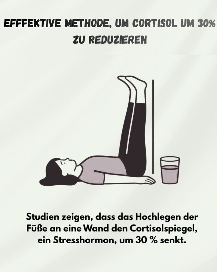 律 Entspannt den Körper, senkt den Stress 律

1 Was diese Position bewirkt
Die Haltung mit den Beinen an der Wand Legs up the wall entlastet den unteren Rücken, fördert die Durchblutung und signalisiert dem Nervensystem, dass es zur Ruhe kommen darf. In einigen Studien wurde beobachtet, dass Entspannungsübungen wie diese den Spiegel des Stresshormons Cortisol deutlich senken können.

2 So führst du die Übung richtig aus
Lege dich abends auf den Rücken, nah an eine Wand, und strecke die Beine senkrecht nach oben. Die Arme liegen entspannt neben dem Körper, die Schultern bleiben locker. Atme ruhig und tief ein und aus, ohne zu sprechen oder aufs Handy zu schauen. Halte die Position etwa 510 Minuten, je nach Wohlbefinden.

3 Glas Wasser als einfacher Zusatz
Ein großes Glas Wasser vor oder nach der Übung unterstützt den Flüssigkeitshaushalt, kann Kopfschmerzen vorbeugen und hilft dem Körper, sich über Nacht besser zu regenerieren.

4 Als Abendritual nutzen
Wenn diese einfache Routine regelmäßig vor dem Schlafengehen durchgeführt wird, kann sie dazu beitragen, Stress des Tages abzubauen, den Geist zu beruhigen und das Einschlafen zu erleichtern. Sie ersetzt keine medizinische Behandlung, kann aber ein wirkungsvolles, natürliches Werkzeug sein, um den Alltag gelassener zu bewältigen.