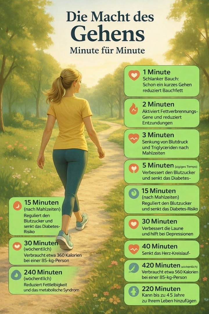 Die Kraft des Gehens  Minute für Minute 

Gehen ist eine der einfachsten Bewegungsformen und wirkt bereits nach kurzer Zeit positiv auf den Körper. Die Effekte bauen sich Minute für Minute auf und unterstützen Gesundheit, Stoffwechsel und Wohlbefinden.

1 1 Minute
Schon ein kurzer Spaziergang aktiviert den Körper. Regelmäßiges Gehen hilft dabei, Bauchfett zu reduzieren und den Stoffwechsel sanft anzuregen.

2 2 Minuten
Die Fettverbrennung wird aktiviert. Gleichzeitig können entzündliche Prozesse im Körper gedämpft werden, was langfristig die allgemeine Gesundheit unterstützt.

3 3 Minuten
Nach dem Essen trägt Gehen dazu bei, den Blutdruck zu senken und die Triglyzeridwerte zu verbessern. Das entlastet Herz und Gefäße.

4 5 Minuten
Ein zügiges Tempo stabilisiert den Blutzuckerspiegel und senkt das Risiko für Typ-2-Diabetes. Bereits wenige Minuten zeigen messbare Effekte.

5 15 Minuten
Spaziergänge nach Mahlzeiten helfen, den Blutzucker besser zu regulieren und Insulinspitzen zu vermeiden. Diese Routine ist besonders effektiv im Alltag.

6 30 Minuten
Regelmäßiges Gehen verbessert die Stimmung, reduziert Stress und kann depressive Verstimmungen lindern. Bewegung wirkt direkt auf das Nervensystem.

7 40 Minuten
Längere Spaziergänge senken das Risiko für Herz-Kreislauf-Erkrankungen und stärken die Ausdauer nachhaltig.

8 Wöchentliches Gehen
Mehrere Stunden Gehen pro Woche unterstützen die Gewichtskontrolle, reduzieren das Risiko für das metabolische Syndrom und können die Lebenserwartung deutlich erhöhen.

Gehen ist keine Nebensache. Es ist eine wirksame, alltagstaugliche Maßnahme für langfristige Gesundheit und Stabilität.