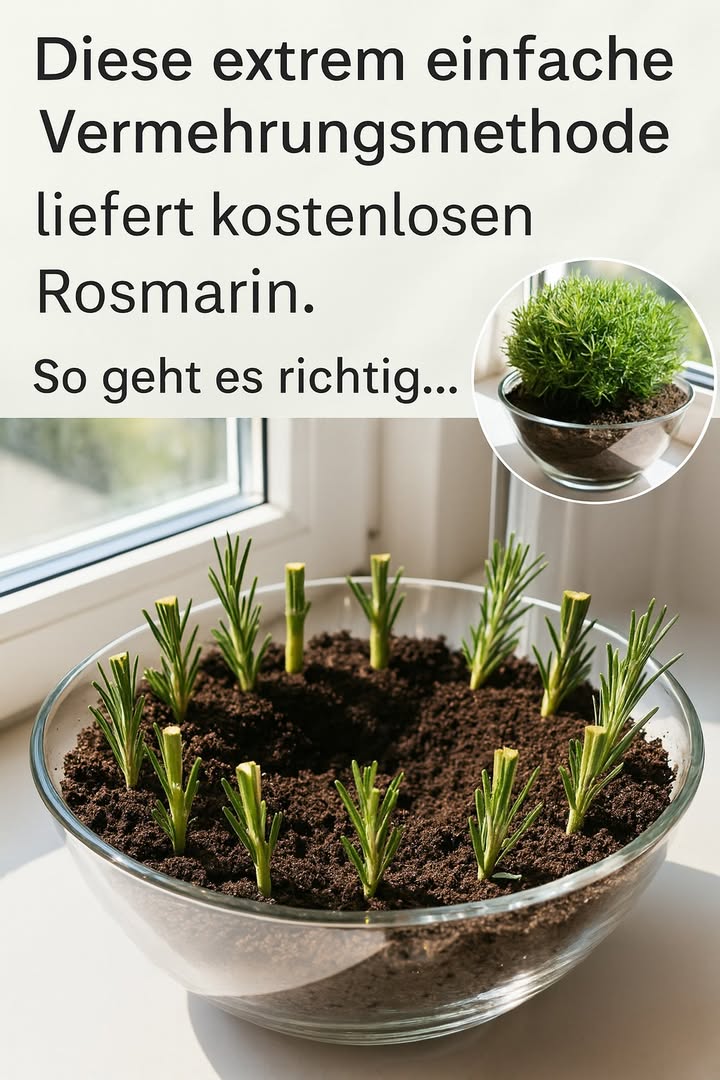 Rosmarin unendlich vermehren mit Stecklingen 

Die Abbildung zeigt eine einfache Methode, um aus wenigen Rosmarinzweigen viele neue Pflanzen zu gewinnen. Mit sauberem Arbeiten, dem richtigen Substrat und etwas Geduld entstehen robuste Jungpflanzen für Balkon, Beet oder Küche.

1 Gesunde Triebe auswählen
Nur kräftige, unverholzte Spitzen von einer gesunden Mutterpflanze verwenden. Triebe von etwa 810 cm Länge sind ideal.

2 Stecklinge vorbereiten
Die unteren Blätter sorgfältig entfernen, damit im Substrat keine Pflanzenteile faulen. Die Schnittfläche glatt und sauber ausführen.

3 Substrat und Gefäß wählen
Ein flaches Gefäß mit Abzugslöchern und lockeres, mageres Substrat nutzen, zum Beispiel eine Mischung aus Anzuchterde und Sand. Staunässe konsequent vermeiden.

4 Stecklinge einsetzen
Die Stecklinge einige Zentimeter tief einstecken und leicht andrücken. Genügend Abstand lassen, damit Luft zirkulieren kann und sich die Wurzeln nicht sofort verfilzen.

5 Richtig gießen und platzieren
Das Substrat gleichmäßig feucht, aber nicht nass halten. Ein heller, geschützter Standort ohne direkte Mittagssonne ist ideal, damit die Stecklinge nicht austrocknen.

6 Bewurzelung abwarten
In den nächsten Wochen bilden sich Wurzeln. Neue Triebe sind ein Zeichen für erfolgreiches Anwachsen. Danach können die Jungpflanzen in einzelne Töpfe gesetzt werden.

7 Langfristige Pflege
Die jungen Rosmarinpflanzen weiterhin mäßig gießen, regelmäßig, aber vorsichtig schneiden und langsam an mehr Sonne gewöhnen. So entsteht Schritt für Schritt ein dauerhafter Vorrat an aromatischem Rosmarin.