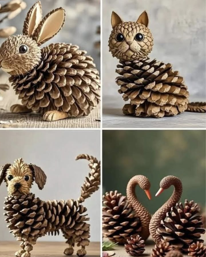 Kreative Tiere aus Pinienkernen
Pinienzapfen können mit ein paar beweglichen Augen und Karton für Ohren und Schnabel zu niedlichen Eulen werden.
Mit ein wenig Fantasie verwandeln sie sich auch in realistische Igel, perfekt zum Dekorieren eines Tisches oder eines Kinderzimmers.
Durch farbiges Karton werden sie zu einer originellen Dekopoule.
Diese einfachen Bastelideen fördern Kreativität, verwenden natürliche Materialien und bringen eine warme Note ins Zuhause.