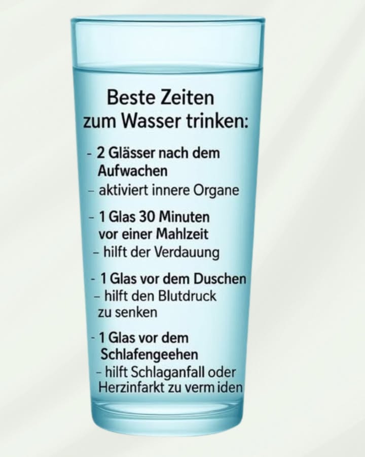 Beste Zeiten zum Wassertrinken 
1 Nach dem Aufwachen
Zwei Gläser Wasser am Morgen aktivieren die inneren Organe und bereiten den Körper auf den Tag vor.
2 Vor den Mahlzeiten
Ein Glas etwa 30 Minuten vor dem Essen unterstützt die Verdauung und sorgt für eine bessere Aufnahme der Nährstoffe.
3 Vor dem Duschen
Ein Glas Wasser vor dem Duschen hilft, den Blutdruck zu stabilisieren und den Kreislauf zu entlasten.
4 Vor dem Schlafengehen
Ein Glas Wasser am Abend kann das Risiko von Schlaganfall und Herzinfarkt verringern und den Körper über Nacht hydratisiert halten.
#Gesundheit #Wassertrinken