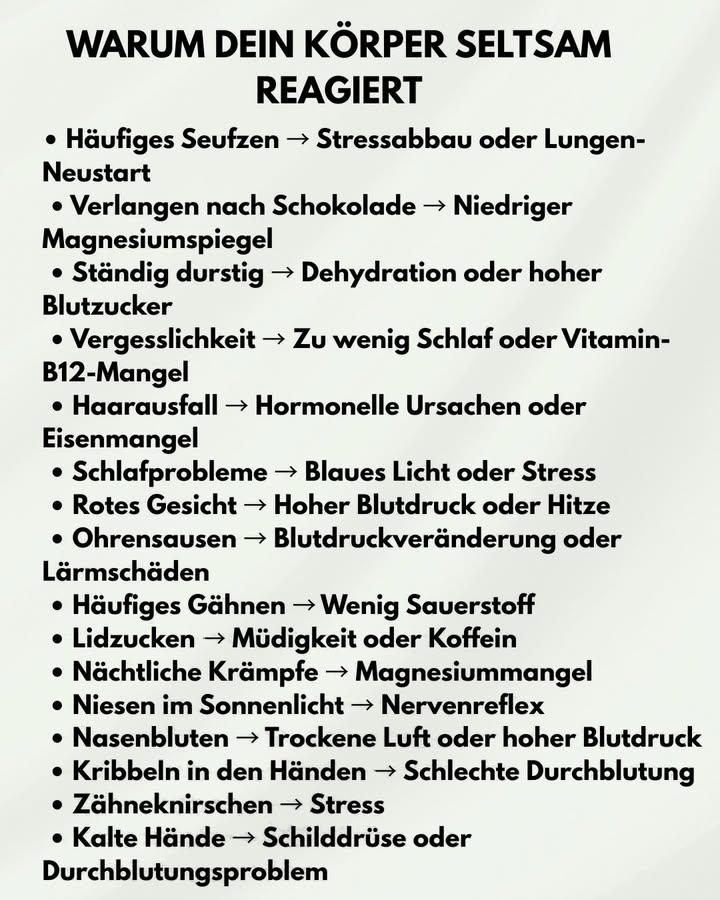 Warum dein Körper manchmal seltsam reagiert  und was dahinterstecken kann

Der menschliche Körper sendet ständig Signale. Viele davon wirken auf den ersten Blick merkwürdig, haben aber meist eine einfache, harmlose Erklärung. Einige Hinweise können allerdings darauf aufmerksam machen, dass dem Körper etwas fehlt oder dass er Unterstützung braucht.

Im Folgenden findest du die häufigsten alltäglichen Körperreaktionen und was sie bedeuten können.

Häufiges Seufzen

Wer oft tief seufzt, baut damit unbewusst Stress ab oder unterstützt die Lunge dabei, wieder in ihren natürlichen Atemrhythmus zu finden. Seufzen ist eine Art Reset für das Nervensystem.

Starker Schokoladenhunger

Ein plötzliches, intensives Verlangen nach Schokolade kann darauf hinweisen, dass der Körper mehr Magnesium benötigt. Dieses Mineral ist an der Muskelentspannung, Nervenfunktion und Stressregulation beteiligt.

Ständiger Durst

Wenn man ständig trinken möchte, kann das auf Dehydration oder einen erhöhten Blutzucker hindeuten. In vielen Fällen ist es einfach ein Zeichen, dass man über den Tag verteilt zu wenig Wasser aufgenommen hat.

Vergesslichkeit und Brain Fog

Konzentrationsschwierigkeiten oder kleine Gedächtnislücken entstehen häufig bei Schlafmangel. Auch ein Vitamin-B12-Mangel kann diesen Effekt verstärken.

Haarausfall

Haare reagieren sensibel auf hormonelle Veränderungen oder Eisenmangel. In solchen Fällen fallen sie schneller aus oder wachsen langsamer nach.

Schlafstörungen

Zu viel Bildschirmzeit am Abend, insbesondere blaues Licht, kann den Schlafrhythmus beeinflussen. Stress wirkt ebenfalls hemmend auf die Schlafqualität.

Rötliches Gesicht

Ein plötzlicher roter Kopf kann durch hohen Blutdruck oder durch Hitzeeinwirkung entstehen  etwa nach körperlicher Belastung oder warmen Räumen.

Ohrensausen

Ein Klingeln oder Rauschen im Ohr kann durch kurzfristige Blutdruckschwankungen oder durch Lärmbelastung verursacht werden.

Häufiges Gähnen

Gähnen reguliert die Sauerstoffzufuhr. Wenn es sehr häufig auftritt, kann der Körper auf niedrige Sauerstoffwerte aufmerksam machen.

Zuckende Augenlider

Lidzucken entsteht oft durch Müdigkeit, Überlastung oder übermäßigen Koffeinkonsum. Es ist in der Regel harmlos.

Nächtliche Muskelkrämpfe

Krämpfe in Beinen oder Füßen zeigen häufig einen Magnesiummangel an. Auch zu wenig Flüssigkeit oder langes Sitzen können eine Rolle spielen.

Niesen im Sonnenlicht

Ein Reflex des Nervensystems: Bei manchen Menschen führt plötzliche Helligkeit automatisch zu einem Niesreiz. Das ist völlig normal.

Nasenbluten

Trockene Heizungsluft oder ein erhöhter Blutdruck können die empfindlichen Gefäße in der Nase belasten und zu Blutungen führen.

Kribbeln in den Händen

Oft steckt eine eingeschränkte Durchblutung dahinter  zum Beispiel, wenn man länger in einer Position sitzt oder schläft. Gelegentlich kann auch ein Vitaminmangel beteiligt sein.

Zähneknirschen

Knirschen oder Pressen ist meist ein Stresssignal. Der Körper verarbeitet Anspannung besonders nachts über die Kaumuskulatur.

Kalte Hände

Kalte Hände entstehen häufig durch niedrige Durchblutung. Auch eine leicht eingeschränkte Schilddrüsenfunktion kann eine Rolle spielen.

Fazit

Der Körper kommuniziert ständig  viele seiner kleinen seltsamen Reaktionen sind einfache Hinweise darauf, dass er Stress abbaut, Nährstoffe benötigt oder gegen äußere Einflüsse reagiert. Wer auf diese Signale achtet, versteht seinen Körper besser und kann frühzeitig handeln, wenn etwas aus dem Gleichgewicht gerät.