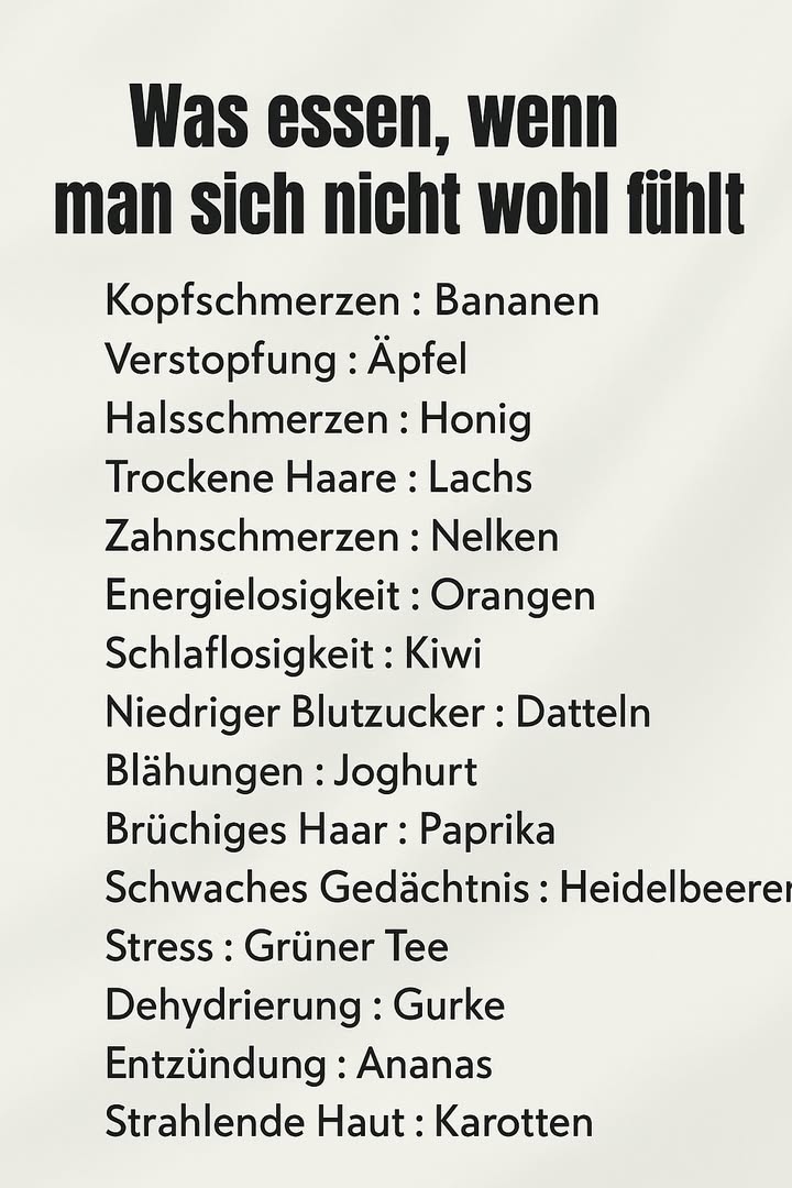 凌 Was essen, wenn man sich nicht gut fühlt 
 Kopfschmerzen: Bananen, reich an Magnesium, entspannen die Muskeln und lindern Spannungen.
 Verstopfung: Äpfel, voller Ballaststoffe und Pektin, unterstützen eine regelmäßige Verdauung.
 Halsschmerzen: Honig wirkt sanft und natürlich, beruhigt den Schmerz und bekämpft Bakterien.
 Trockene Haare: Lachs liefert wertvolle Omega-3-Fettsäuren, die die Kopfhaut nähren und das Haar stärken.
 Zahnschmerzen: Gewürznelken lindern auf natürliche Weise dank ihrer schmerzlindernden Eigenschaften.
 Müdigkeit: Orangen bringen Vitamin C und geben neue Energie.
諾 Schlafprobleme: Kiwi entspannt den Körper und fördert einen erholsamen Schlaf.
 Niedriger Blutzucker: Datteln liefern schnelle und natürliche Energie.
拏 Blähungen: Joghurt bringt die Darmflora ins Gleichgewicht und erleichtert die Verdauung.
 Schwaches Haar: Süße Paprika, reich an Vitamin C, fördern die Keratinproduktion.
𢡄 Schwaches Gedächtnis: Heidelbeeren unterstützen die Konzentration und die Gehirngesundheit.
 Stress: Grüner Tee wirkt entspannend und fördert geistige Klarheit.
勒 Dehydratation: Gurke hydratisiert und mineralisiert den Körper.
 Entzündungen: Ananas enthält Bromelain, ein natürliches entzündungshemmendes Enzym.
凌 Fahler Teint: Karotten, reich an Beta-Carotin, bringen die Haut zum Strahlen und schützen sie.