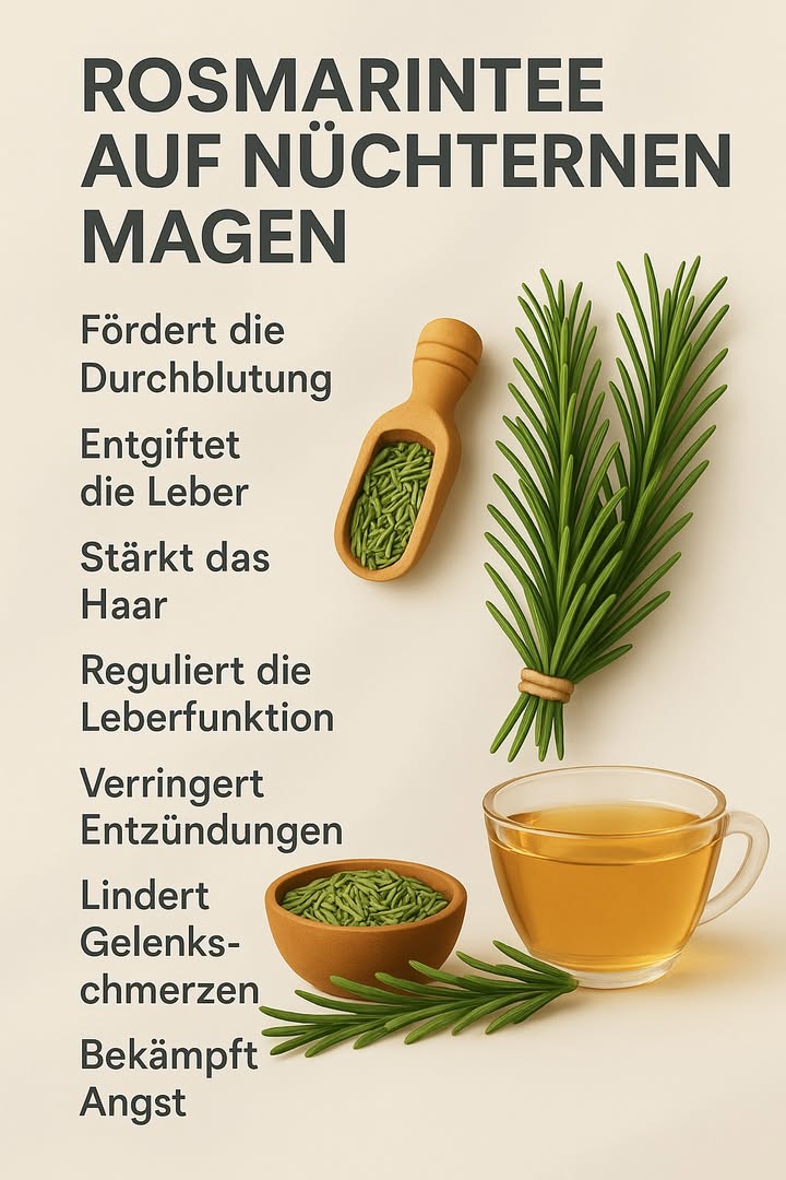 Rosmarintee auf nüchternen Magen: Wirkung und Vorteile 

Rosmarintee ist ein traditionelles Naturmittel, das den Körper gezielt unterstützt, wenn er auf nüchternen Magen eingenommen wird. Die konzentrierten Pflanzenstoffe wirken systemisch und fördern mehrere grundlegende Körperfunktionen.

1 Fördert die Durchblutung
Rosmarin regt die Blutzirkulation an und unterstützt eine bessere Versorgung der Organe.

2 Entgiftet die Leber
Die aktiven Pflanzenstoffe erleichtern die Entlastung der Leber und unterstützen ihre tägliche Reinigungsarbeit.

3 Stärkt das Haar
Regelmäßiger Konsum fördert die Nährstoffversorgung der Haarwurzeln und kann das Haar kräftiger wirken lassen.

4 Reguliert die Leberfunktion
Der Tee wirkt stabilisierend auf den Leberstoffwechsel und trägt zu einer gleichmäßigen Funktion bei.

5 Verringert Entzündungen
Die enthaltenen Antioxidantien wirken entzündungshemmend und unterstützen den Körper bei inneren Reizprozessen.

6 Lindert Gelenkschmerzen
Die wärmenden Eigenschaften können beanspruchte Gelenke entlasten und Beweglichkeit fördern.

7 Bekämpft Angst
Die beruhigenden Pflanzenstoffe helfen dem Nervensystem, Stress auszubalancieren und innere Ruhe zu stärken.

Rosmarintee am Morgen ist eine einfache und natürliche Ergänzung, die den Organismus stabilisiert und das allgemeine Wohlbefinden fördert.