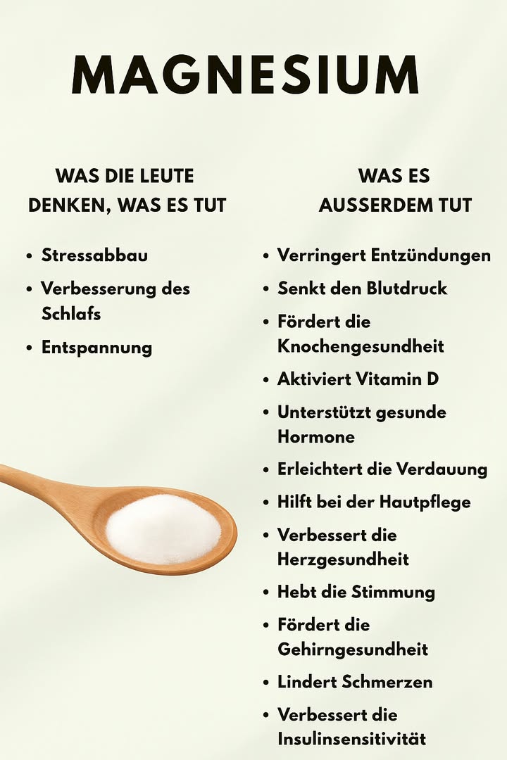 Wichtige Vorteile von Magnesium 
1 Hilft, Stress zu reduzieren und fördert einen ruhigeren Schlaf
2 Unterstützt die Muskelentspannung und das emotionale Wohlbefinden
3 Trägt zur Verringerung von Entzündungen bei
4 Unterstützt die Regulierung des Blutdrucks
5 Spielt eine wichtige Rolle für die Festigkeit der Knochen
6 Ist an der Aktivierung von Vitamin D beteiligt
7 Fördert das hormonelle Gleichgewicht
8 Hilft dem Verdauungssystem, besser zu funktionieren
9 Unterstützt die Gesundheit der Haut
 Schützt das Herz und trägt zur guten Funktion des Gehirns bei
11 Hilft, bestimmte Schmerzen zu lindern
12 Verbessert die Insulinsensibilität des Körpers