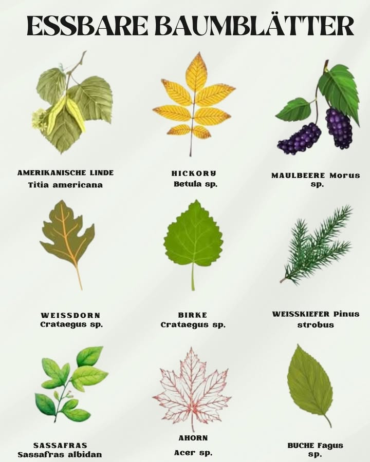 Essbare Baumblätter im Überblick 

1 Amerikanische Linde Tilia americana
Zarte junge Blätter sind essbar und können roh in Salaten oder leicht gedünstet verwendet werden.

2 Hickory Betula sp.
Die Blätter werden eher selten genutzt, aber junge Triebe und Blätter können sparsam als Würze beigegeben werden.

3 Maulbeere Morus sp.
Blätter eignen sich für Tees oder gegart als Bestandteil von Gemüsegerichten.

4 Weißdorn Crataegus sp.
Junge Blätter sind roh essbar und lassen sich wie Spinat dünsten.

5 Birke Betula sp.
Frische Blätter können für Teeaufgüsse genutzt werden, besonders im Frühjahr.

6 Weißkiefer Pinus strobus
Nadeln sind reich an Vitamin C und eignen sich für Tee oder als Aroma.

7 Sassafras Sassafras albidum
Blätter werden traditionell getrocknet und als Würzpulver genutzt.

8 Ahorn Acer sp.
Junge Blätter sind essbar, meist in gegarter Form als Gemüsebeilage.

9 Buche Fagus sp.
Frische junge Blätter können in kleinen Mengen roh gegessen oder in Salaten verwendet werden.

 Diese Baumblätter bieten eine natürliche Ergänzung zur Ernährung, wenn sie frisch und korrekt verwendet werden.
