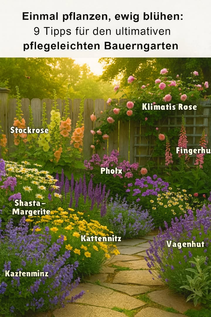 Ein Garten, der dauerhaft blüht 

Ein pflegeleichter Bauerngarten bleibt über Jahre stabil, wenn robuste Stauden und widerstandsfähige Blühpflanzen kombiniert werden. Die dargestellten Pflanzen schaffen Struktur, Farbe und natürliche Harmonie, ohne hohen Aufwand. Jede Pflanze trägt zur Stabilität des Gartens bei und sorgt für eine lange Blütezeit.

1 Stockrose
Bringt Höhe und Farbe an Zäunen und Mauern. Sie wächst zuverlässig und kehrt jedes Jahr zurück.

2 Kletterrose
Sorgt für dauerhafte Blütenpracht an Rankgittern und bietet wertvollen Sichtschutz. Sie benötigt nur gelegentlichen Rückschnitt.

3 Fingerhut
Füllt Lücken mit eindrucksvollen Rispen. Er gedeiht gut im Halbschatten und säht sich leicht selbst aus.

4 Phlox
Erzeugt dichte Farbkissen und stärkt die Struktur des Beetes. Er ist langlebig und eignet sich gut für naturnahe Gärten.

5 Shasta-Margerite
Bringt helle Akzente und verleiht dem Garten ein klassisches Bauerngarten-Flair. Sie ist trockenheitsverträglich und standfest.

6 Salvia
Bietet kräftige Farben und zieht Bestäuber an. Die Pflanze blüht lange und bleibt kompakt.

7 Coreopsis
Sorgt für leuchtend gelbe Farbtupfer und ist äußerst pflegearm. Sie wächst auch bei trockenen Bedingungen stabil.

8 Katzenminze
Wächst ausdauernd, ist trockenheitsresistent und bildet weiche, bläuliche Polster, die Wege und Beetränder betonen.

9 Lavendel
Verleiht Duft, Struktur und klare Linien im Garten. Er bleibt kompakt und eignet sich ideal für sonnige, trockene Standorte.

Dieser Gartenstil verbindet Natur und Beständigkeit. Die ausgewählten Pflanzen sorgen für ein dauerhaft blühendes Gesamtbild und halten den Pflegeaufwand minimal.