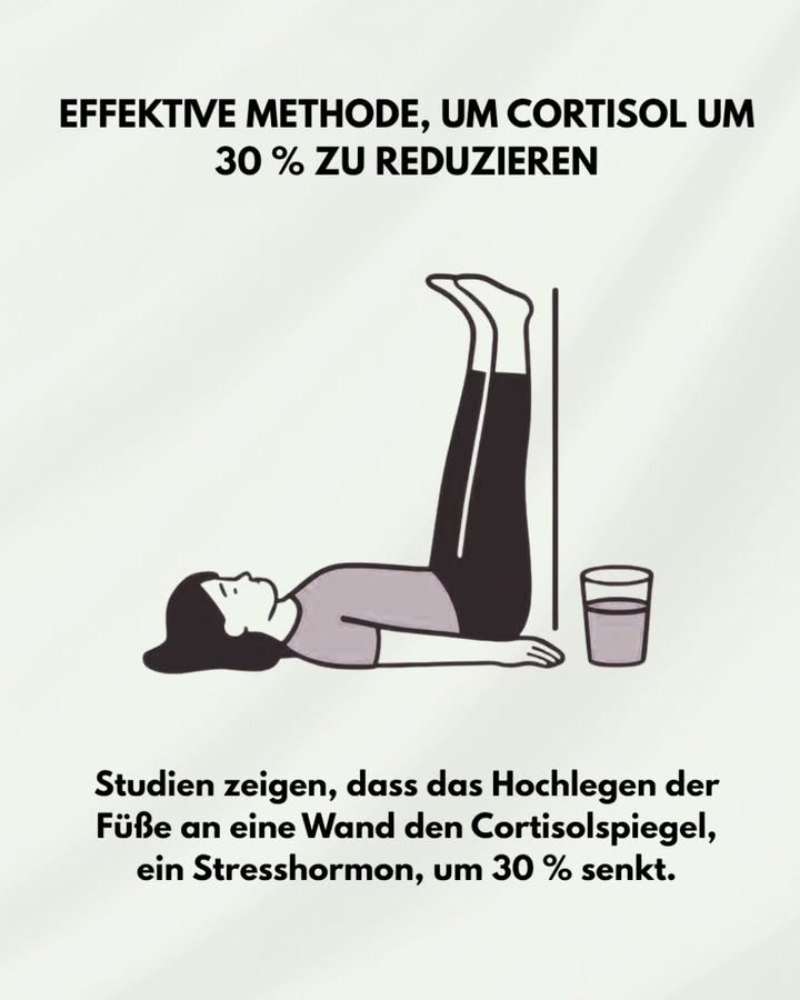 律 Entspannt den Körper, senkt den Stress 律

1 Was diese Position bewirkt
Die Haltung mit den Beinen an der Wand Legs up the wall entlastet den unteren Rücken, fördert die Durchblutung und signalisiert dem Nervensystem, dass es zur Ruhe kommen darf. In einigen Studien wurde beobachtet, dass Entspannungsübungen wie diese den Spiegel des Stresshormons Cortisol deutlich senken können.

2 So führst du die Übung richtig aus
Lege dich abends auf den Rücken, nah an eine Wand, und strecke die Beine senkrecht nach oben. Die Arme liegen entspannt neben dem Körper, die Schultern bleiben locker. Atme ruhig und tief ein und aus, ohne zu sprechen oder aufs Handy zu schauen. Halte die Position etwa 510 Minuten, je nach Wohlbefinden.

3 Glas Wasser als einfacher Zusatz
Ein großes Glas Wasser vor oder nach der Übung unterstützt den Flüssigkeitshaushalt, kann Kopfschmerzen vorbeugen und hilft dem Körper, sich über Nacht besser zu regenerieren.

4 Als Abendritual nutzen
Wenn diese einfache Routine regelmäßig vor dem Schlafengehen durchgeführt wird, kann sie dazu beitragen, Stress des Tages abzubauen, den Geist zu beruhigen und das Einschlafen zu erleichtern. Sie ersetzt keine medizinische Behandlung, kann aber ein wirkungsvolles, natürliches Werkzeug sein, um den Alltag gelassener zu bewältigen.