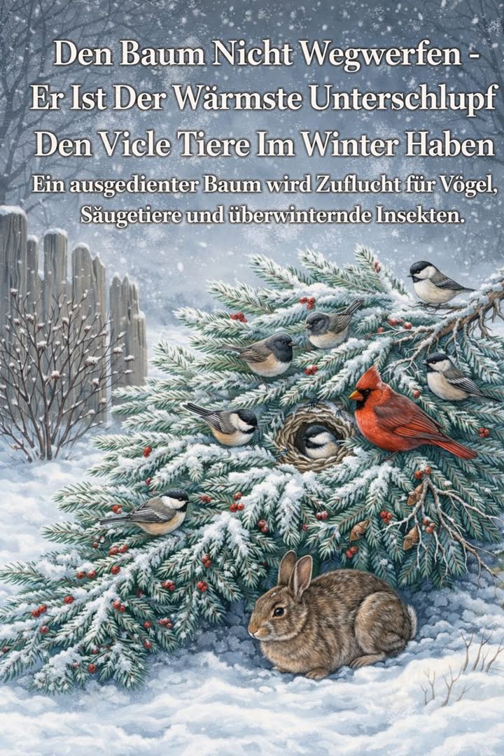 Wenn die Feiertage vorbei sind, werden die meisten Weihnachtsbäume weggeworfen. Für Wildtiere jedoch sind sie lebenswichtige Rückzugsorte in einer eisigen Welt. 

Dein alter Baum kann helfen:
 Singvögeln Schutz vor Greifvögeln und kaltem Wind bieten
 Zaunkönigen und Meisen sichere Schlafplätze geben
 Kaninchen einen Unterschlupf vor Fressfeinden ermöglichen
 Nützlichen Insekten einen Ort zum Überwintern bieten
 Jungtieren dichte Deckung und Sicherheit geben

Der Winter ist hart für kleine Lebewesen. Den Weihnachtsbaum draußen zu platzieren ist eine einfache Geste der Freundlichkeit, die Wärme und Schutz bis zum Frühling schenkt.

 Dein alter Baum ist kein Abfall  er ist ein Zufluchtsort. 

#Wildtierschutz #Nachhaltig