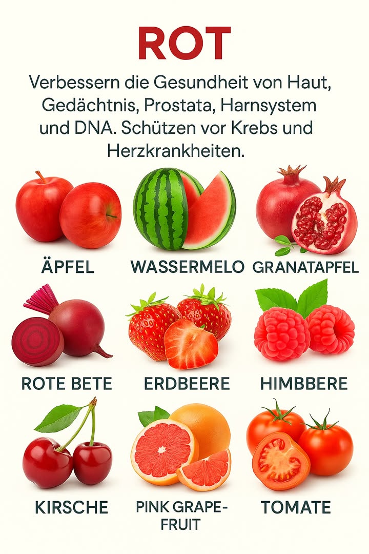 Rote Früchte und Gemüse: Energie und Gesundheit 

1 Das Bild zeigt eine bunte Auswahl roter Lebensmittel wie Apfel, Wassermelone, Granatapfel, Rote Bete, Erdbeere, Himbeere, Kirsche, rosa Grapefruit und Tomate.
2 Diese Früchte und Gemüsesorten sind reich an Antioxidantien, Vitaminen und Lycopin  wertvolle Nährstoffe für Herz und Haut.
3 Ihre Eigenschaften stärken das Immunsystem und unterstützen Gedächtnis sowie Zellstoffwechsel.
4 Regelmäßiger Verzehr trägt außerdem zur Gesundheit der Prostata bei und hilft, Herz-Kreislauf-Erkrankungen vorzubeugen.
5 Sie täglich in die Ernährung einzubauen, ist eine einfache und natürliche Möglichkeit, den Körper zu schützen und voller Vitalität zu bleiben.