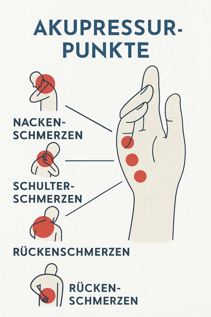 Akupressurpunkte zur Linderung von Schmerzen .
1 Für den Hals
Durch sanftes Massieren des Punkts auf der Oberseite der Hand können Verspannungen im Bereich der Halswirbelsäule reduziert werden.
2 Für die Schultern
Sanfter Druck in der Mitte der Handfläche hilft, die Schultern zu lockern und die Durchblutung anzuregen.
3 Für den Rücken
Durch Druck auf den unteren Teil der Handfläche können Rückenschmerzen gelindert und Muskelsteifheit verringert werden.
Ein natürlicher und zugänglicher Ansatz, der zu einem besseren Komfort im Alltag beiträgt.
#wohlbefinden #akupressur #fblifestyle